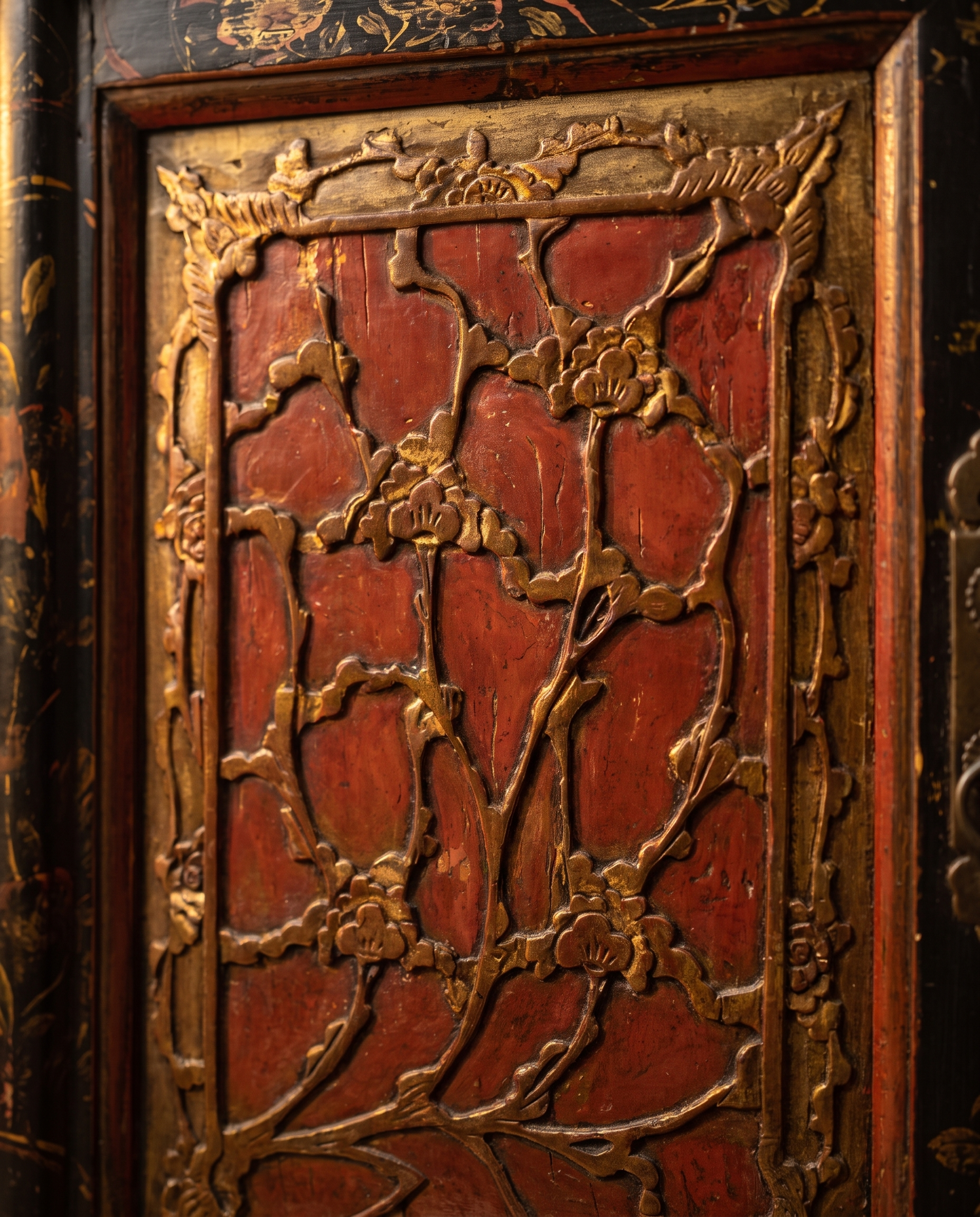 Detail of the hand-carved gilded plum-blossom door panel