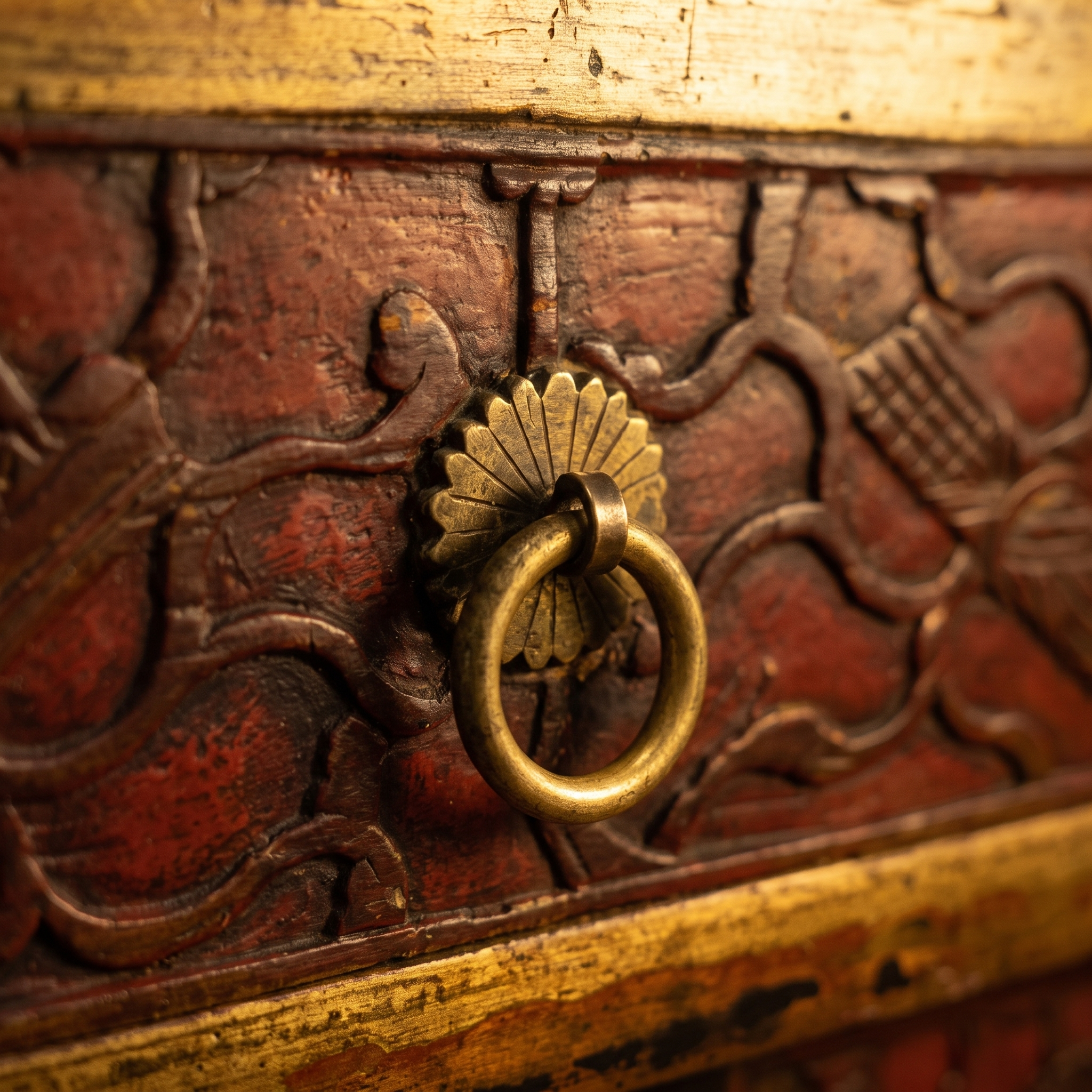 Detail of an aged brass ring pull on a fluted fan backplate