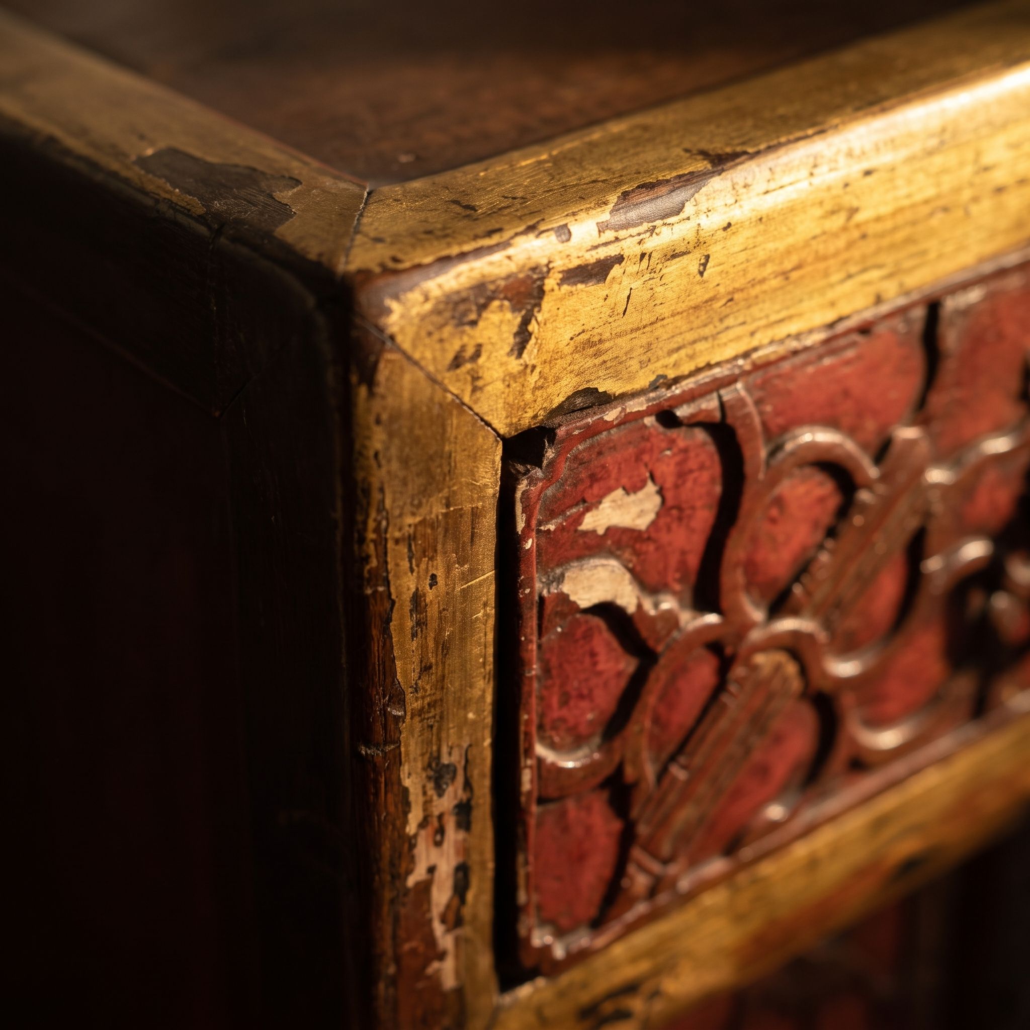 Detail of the worn gilt edge meeting the carved red lacquer