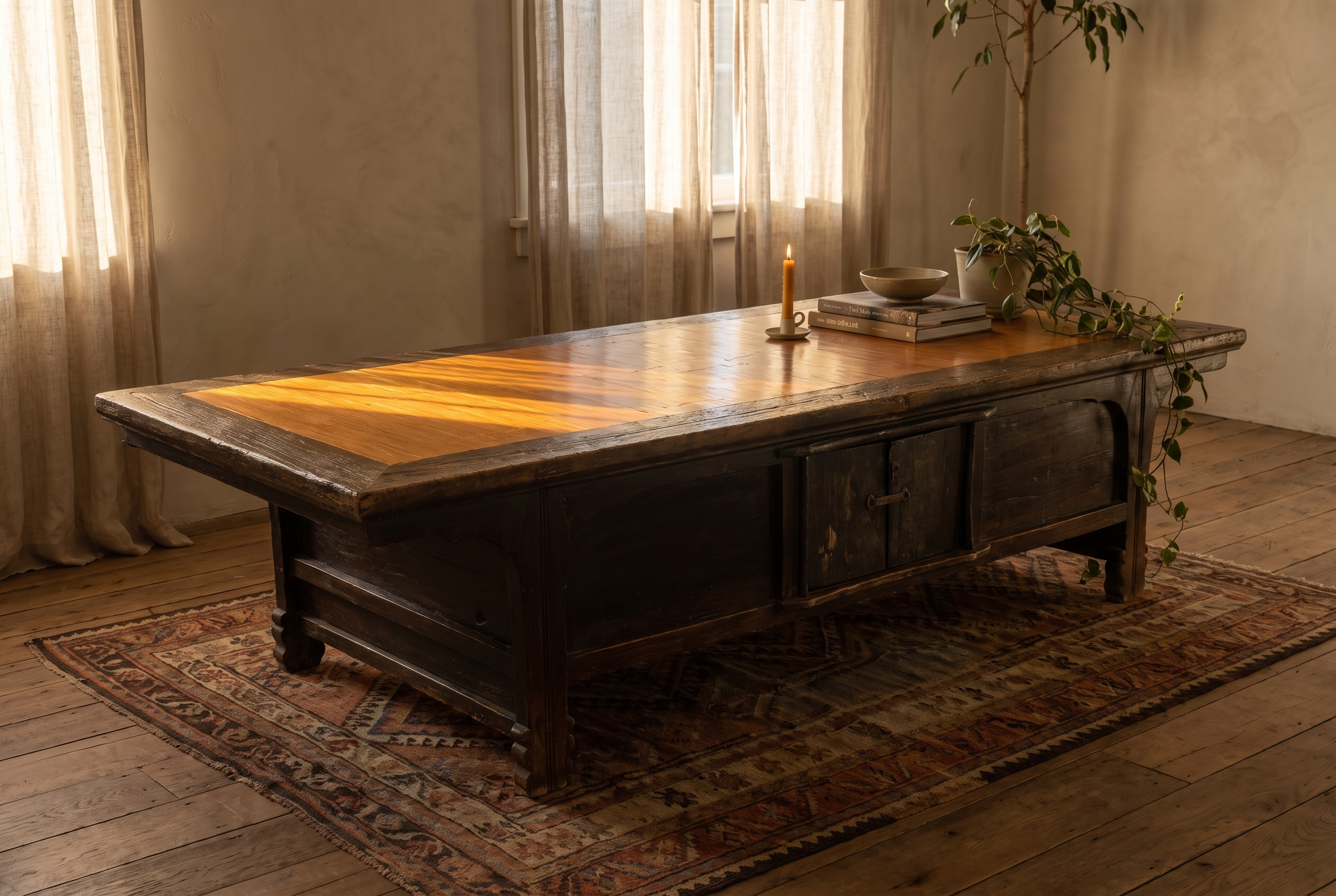 Antique low table, wider room view with plant and kilim rug