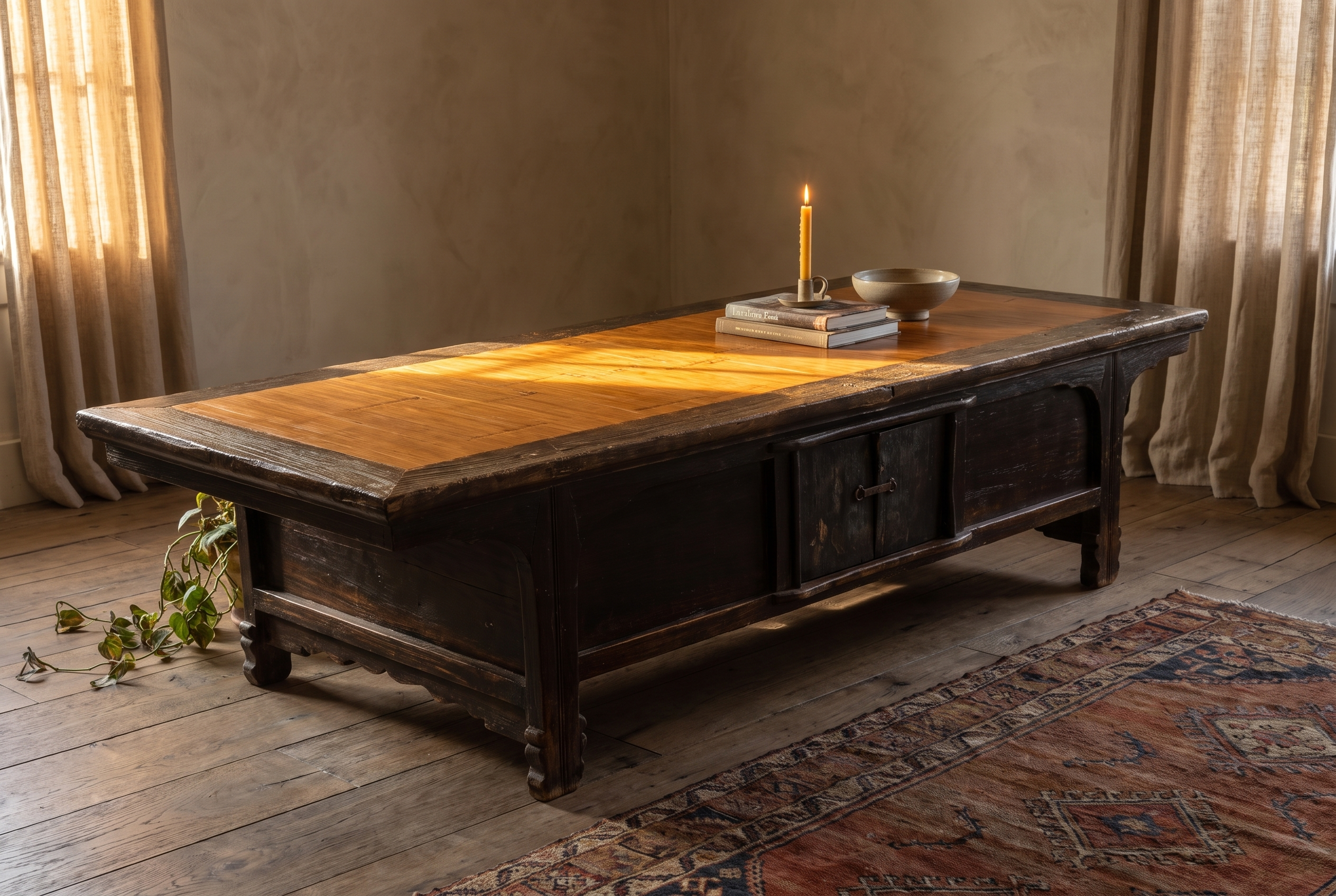 Antique Chinese low table with honey bamboo top, styled in a warm room