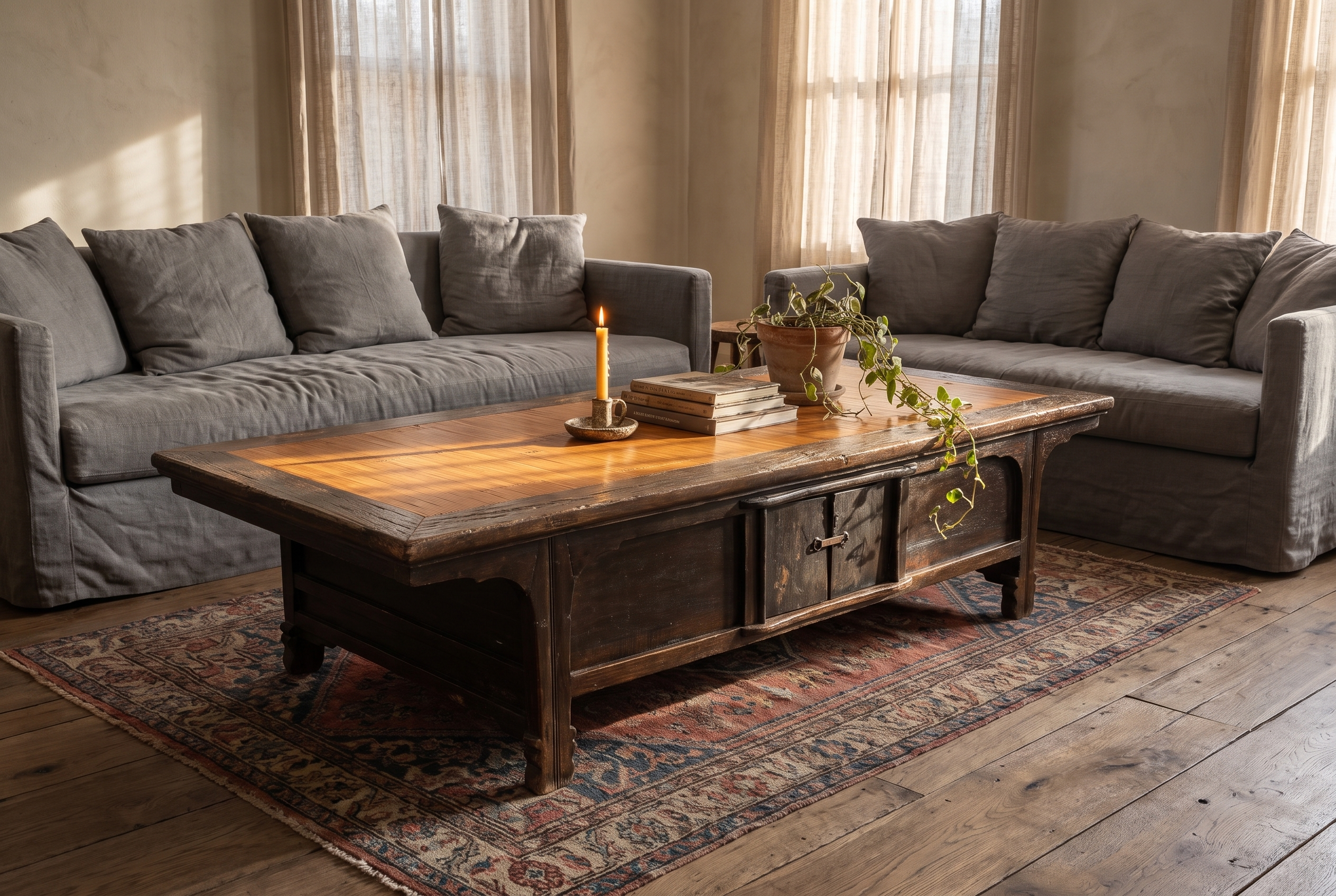 Antique low table surrounded by grey linen sofas