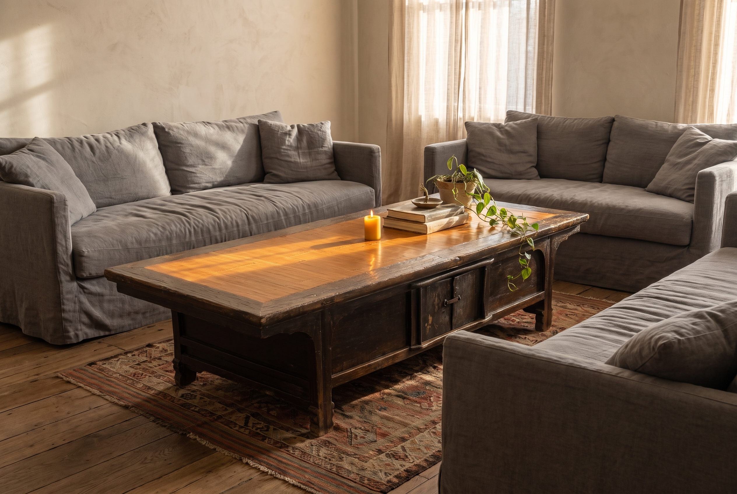 Antique low table in a living room with grey linen couches