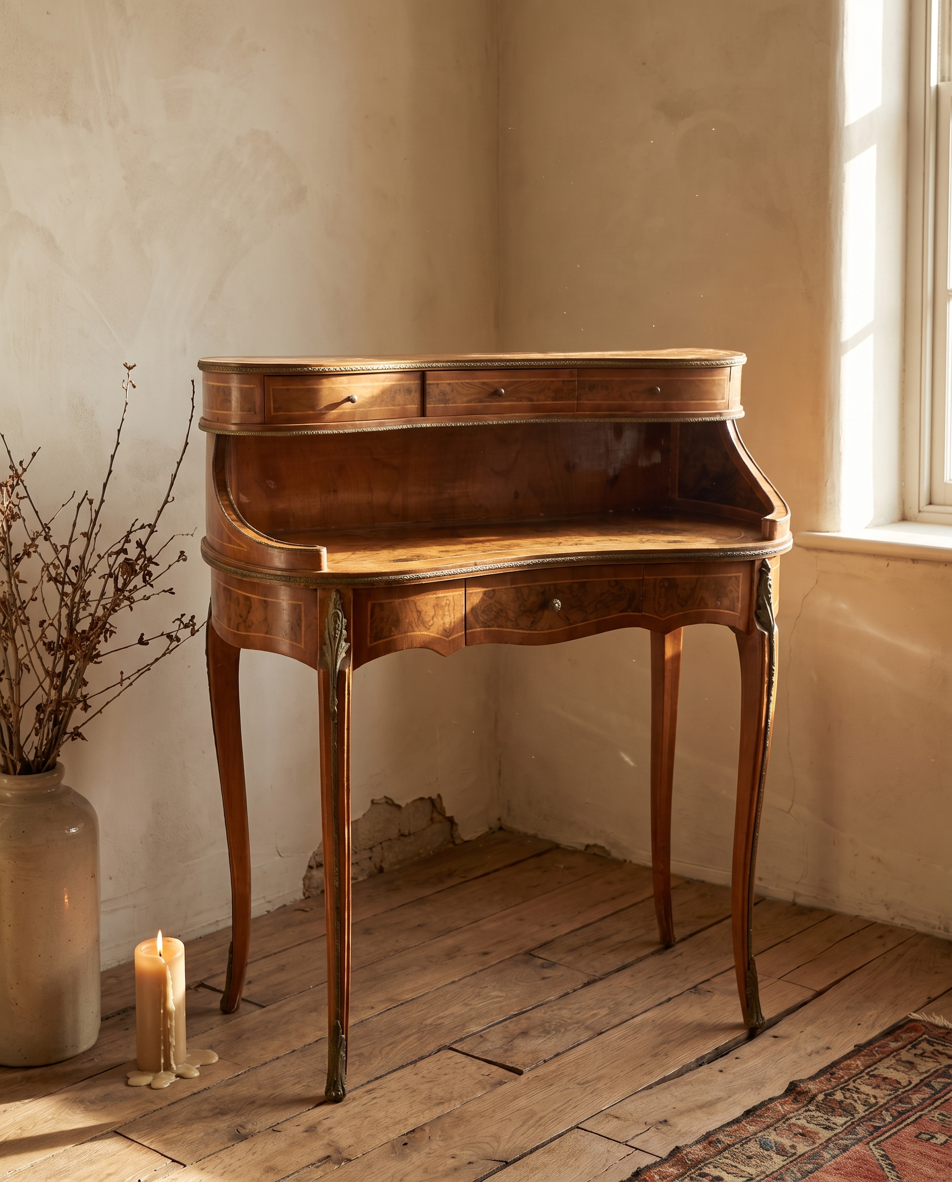 Vintage burl walnut writing desk beside a tall window, soft light