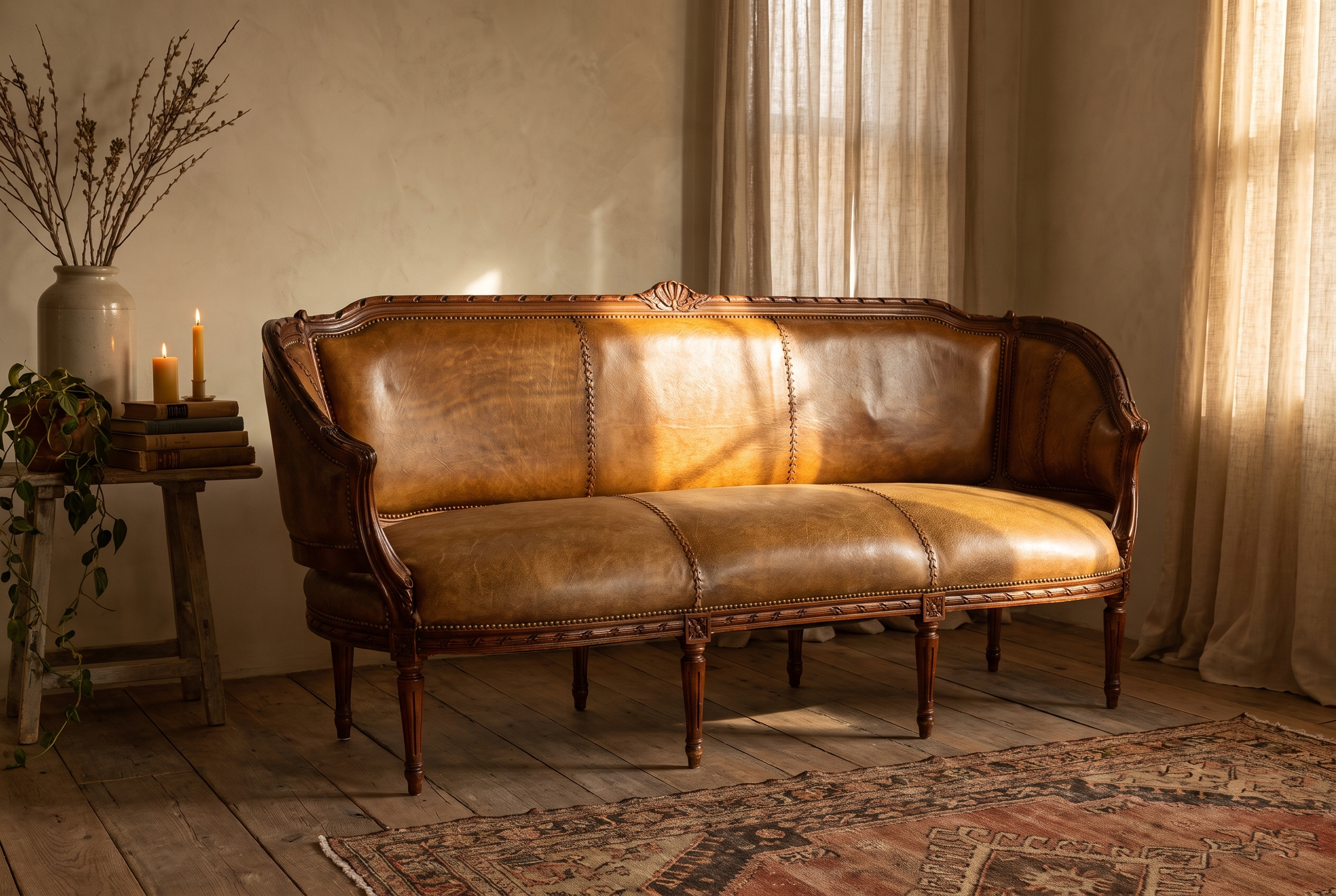 The Marea Settee, carved walnut frame and burnished cognac leather, styled in a warm room
