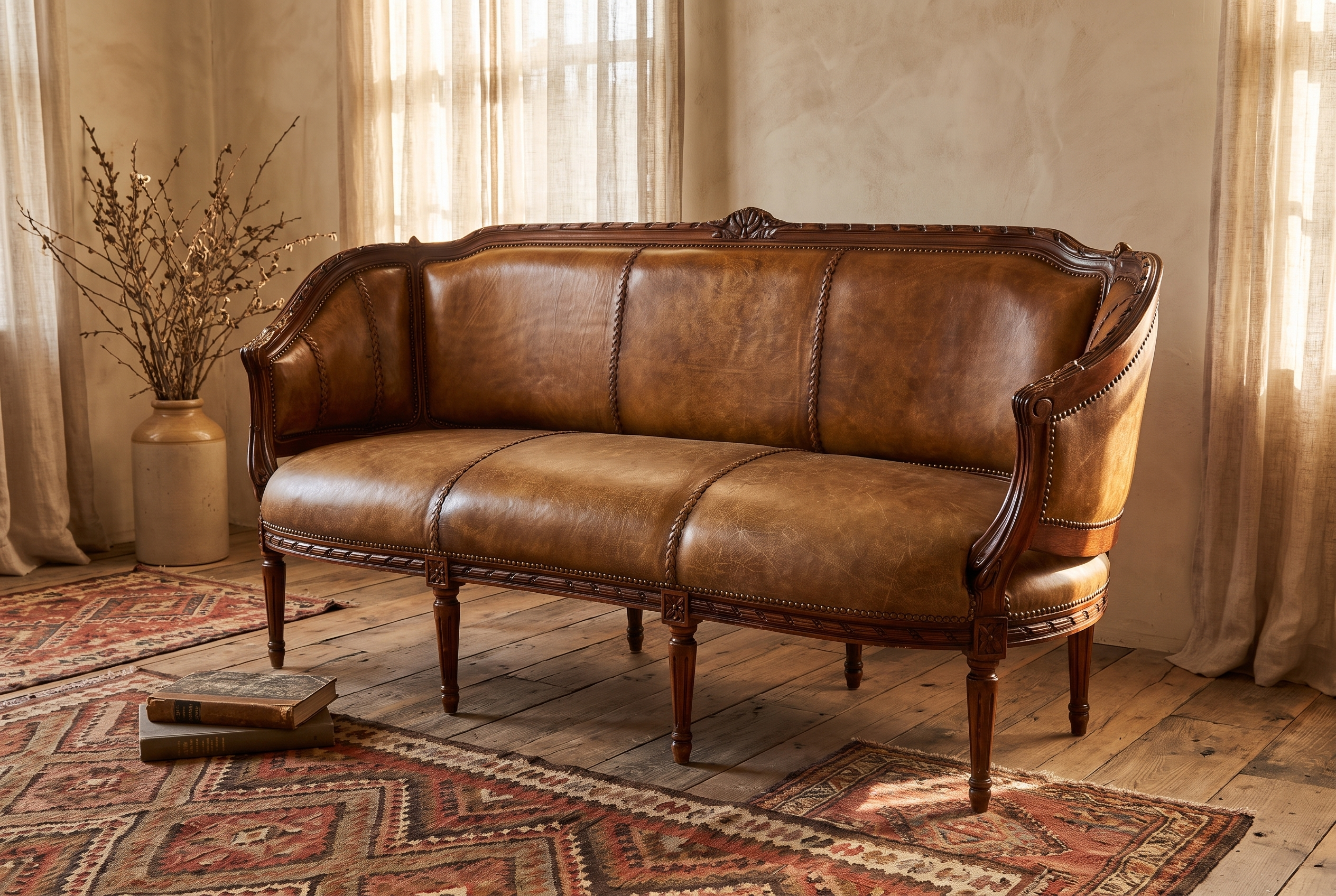 The Marea Settee, three-quarter view showing the carved frame and fluted legs