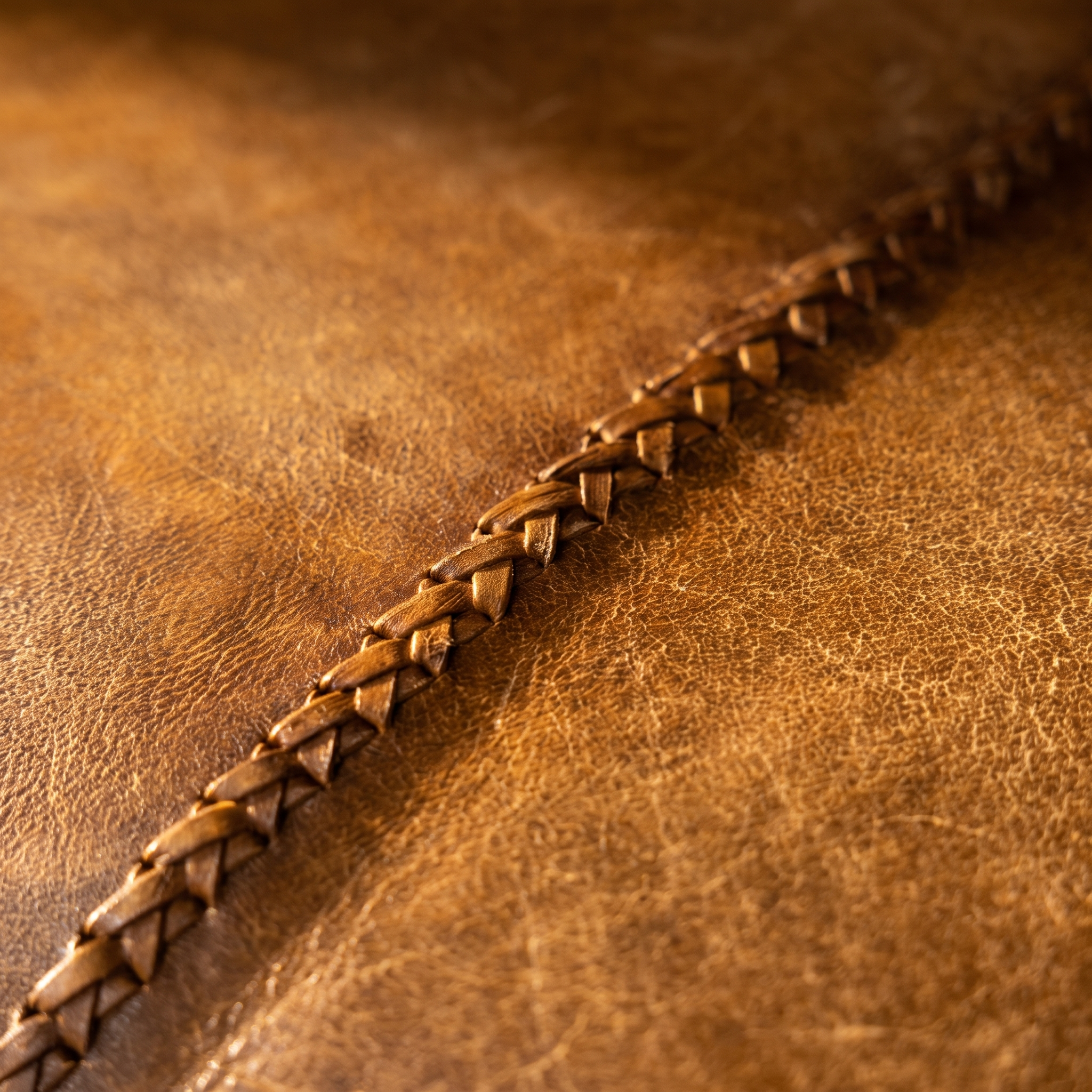 Close-up of the burnished cognac leather and hand-braided whipstitch seam
