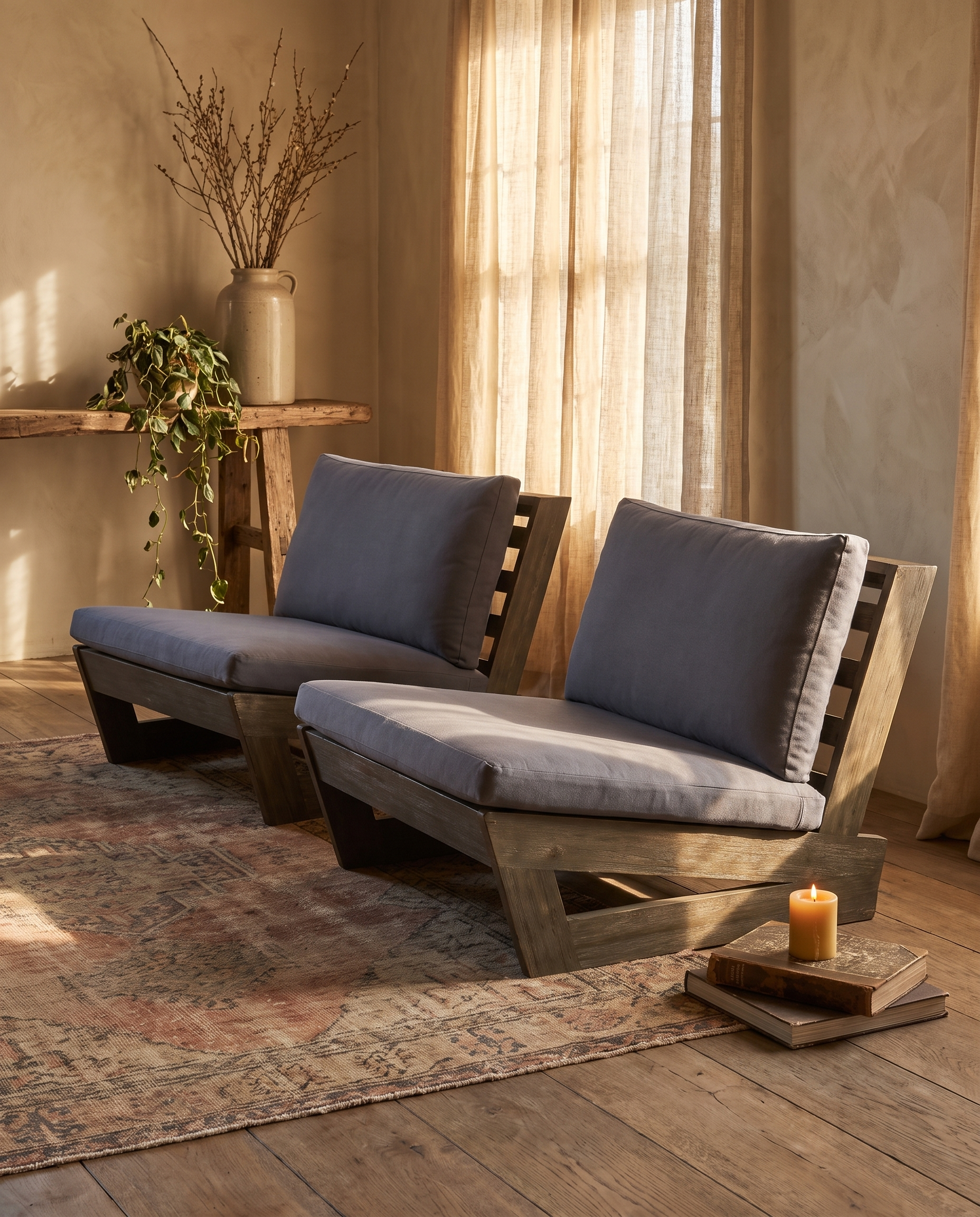 Solstice Low Lounge Chairs, matching pair in a warm sunlit room