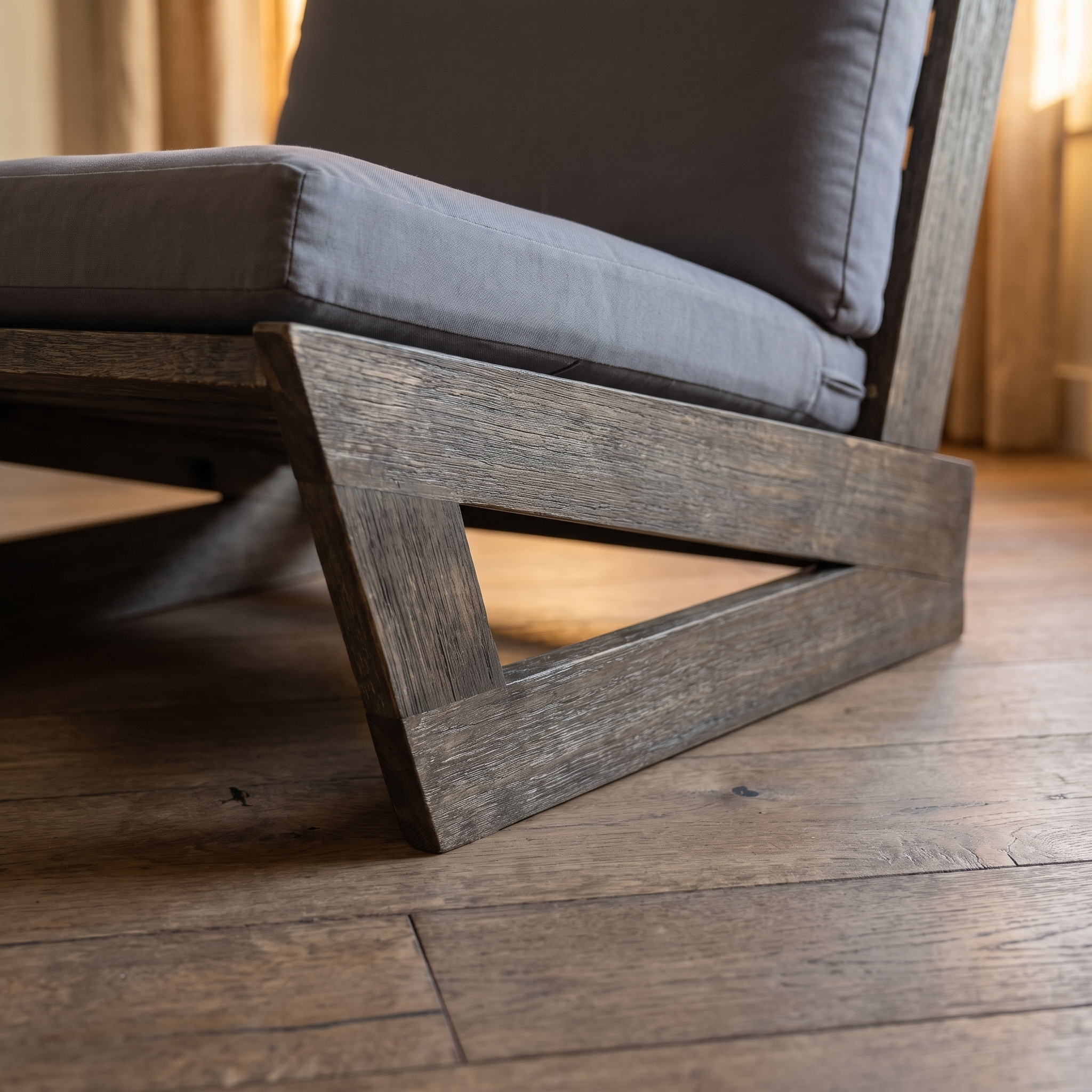 Detail of the weathered solid-wood angular base and joinery
