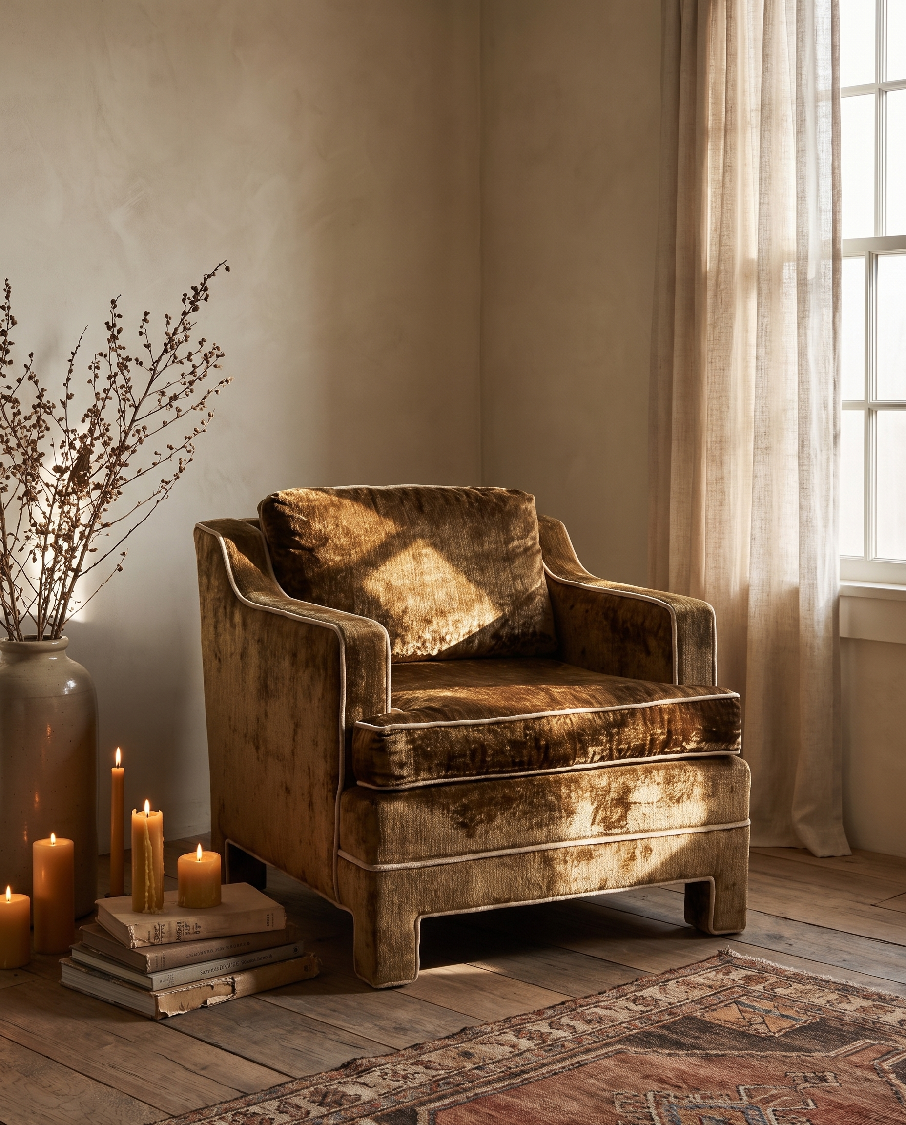 Vintage bronze strié velvet club chair with cream welt, styled in a warm plaster room with candles