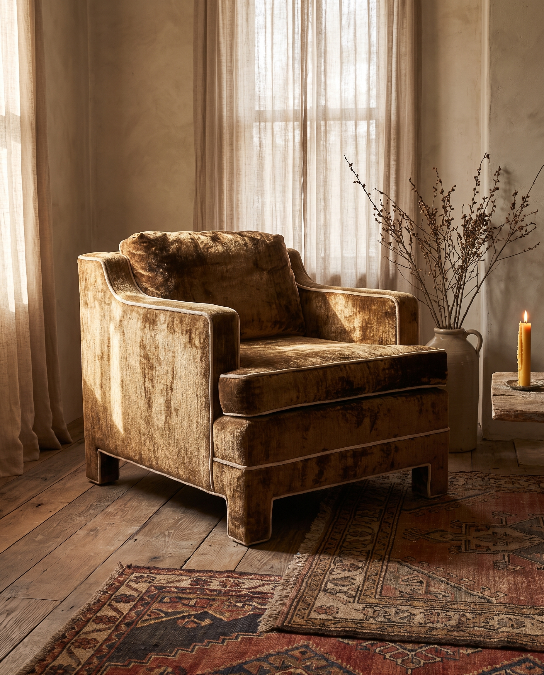 Three-quarter view of the bronze velvet club chair showing its low deep form
