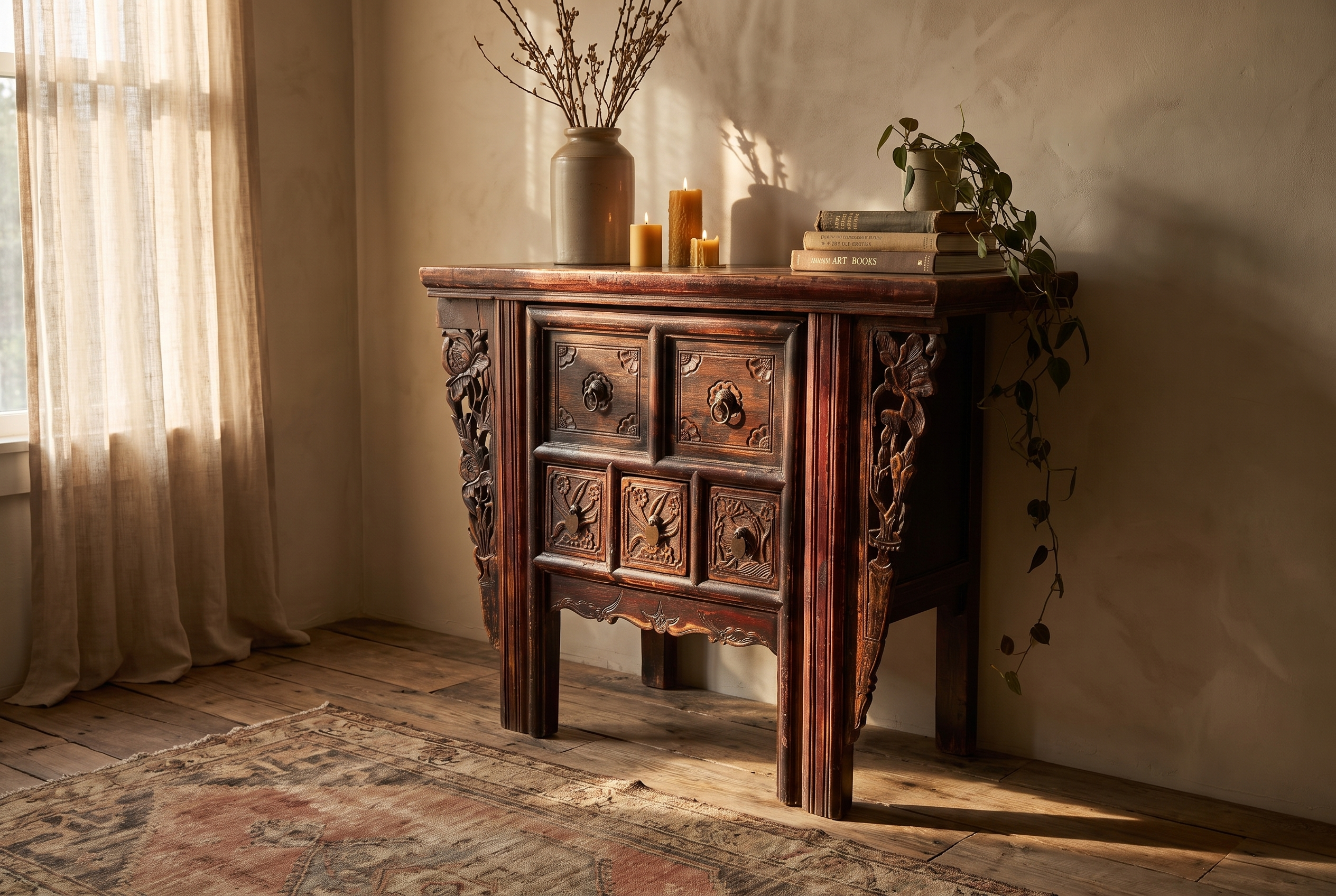 Antique Chinese convertible desk and chair, carved elm console closed, warm afternoon light