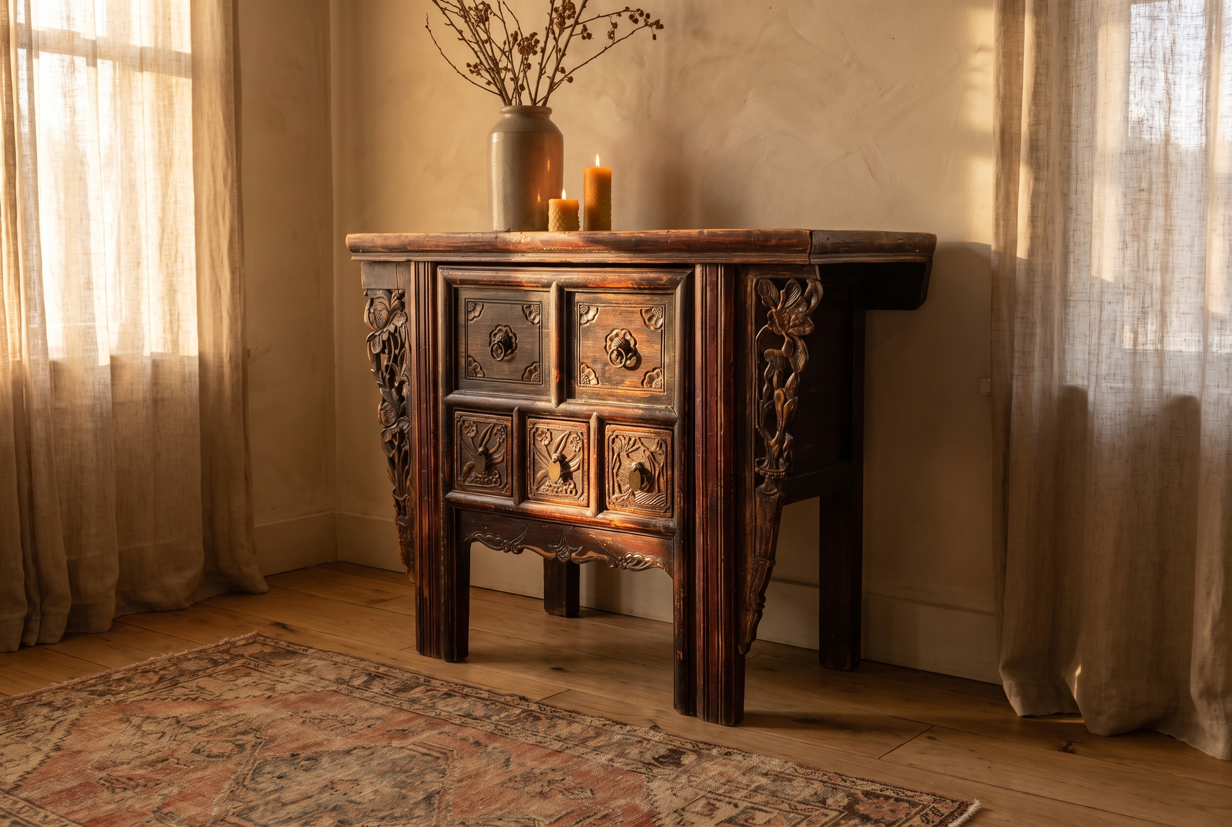 Three-quarter view of the carved console closed