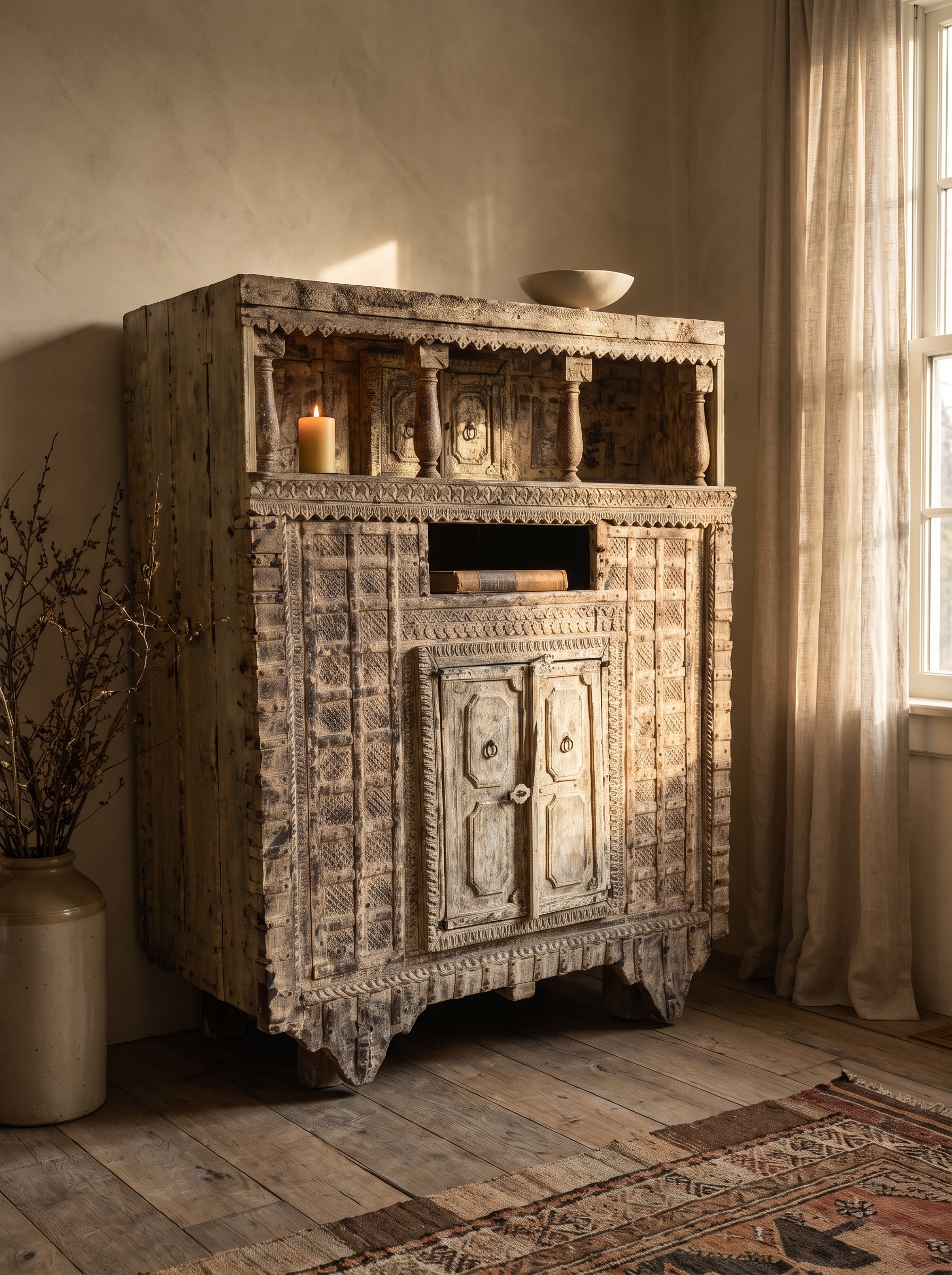 Antique carved cabinet, alternate hero angle in warm light