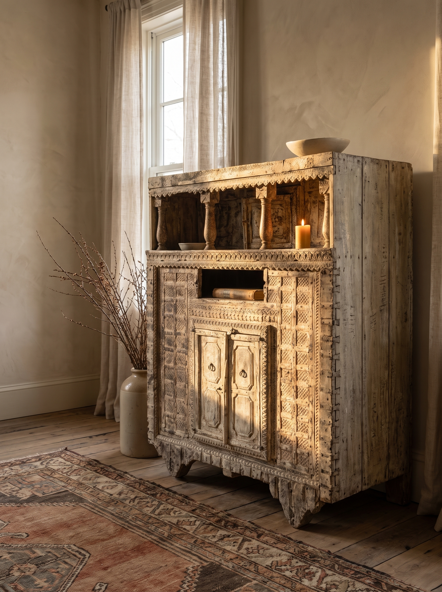 Antique hand-carved Indian cabinet, front view in a warm plaster room