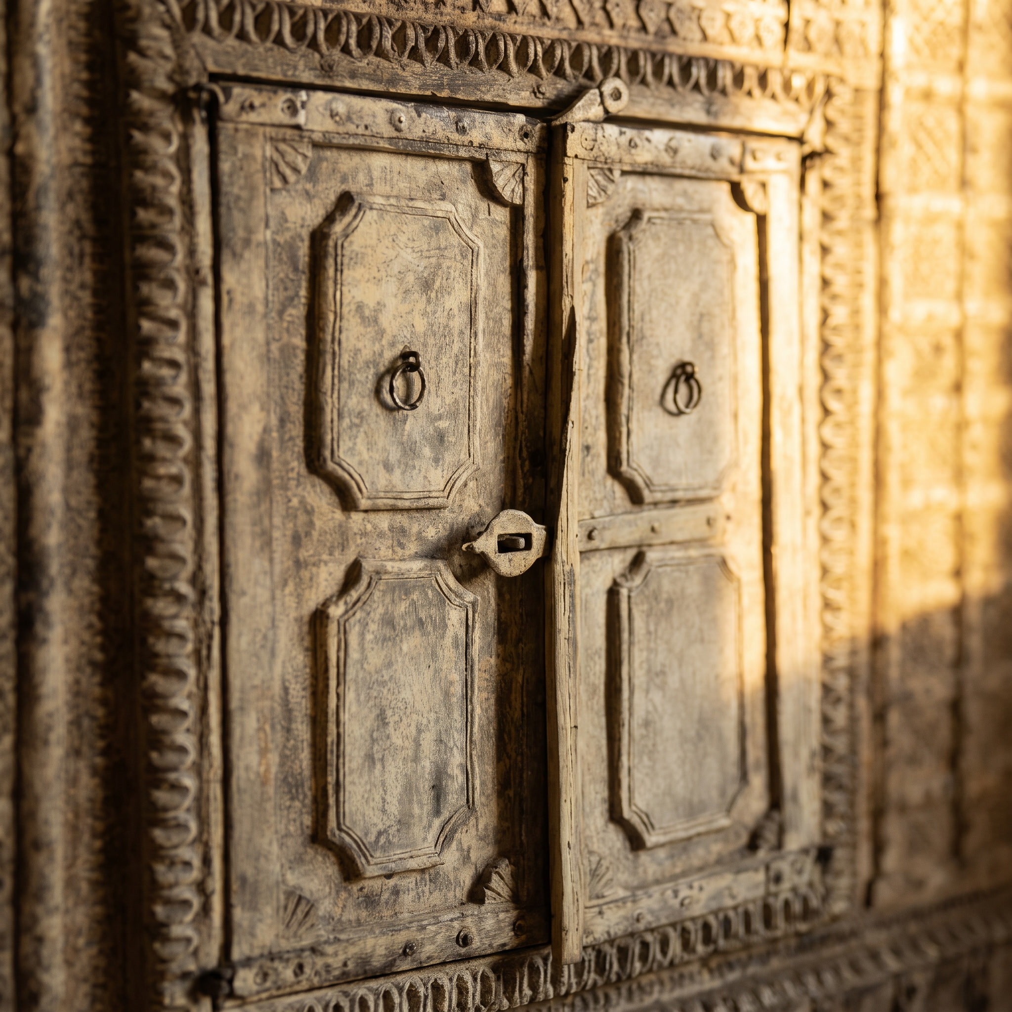 Detail of the carved lower double doors with iron ring pulls