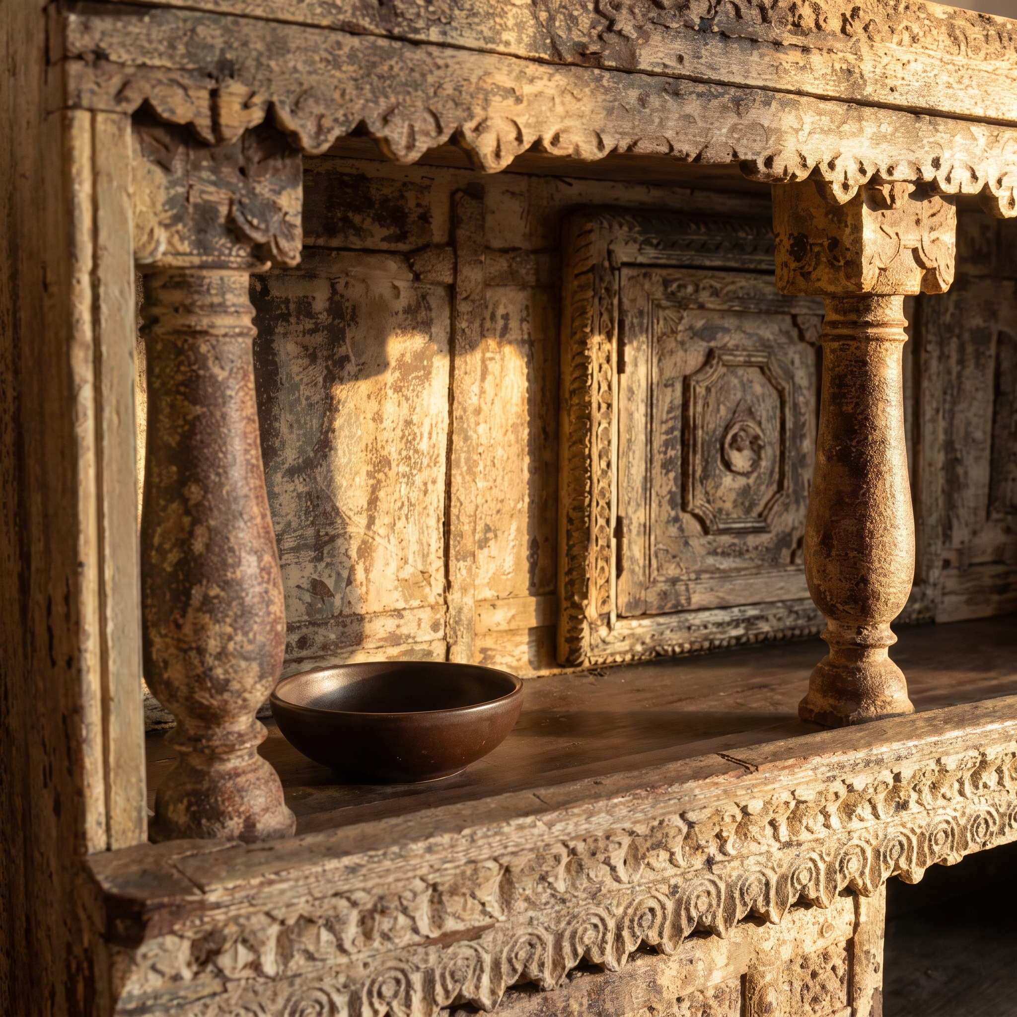 Detail of the upper display shelf with turned columns and scalloped valance