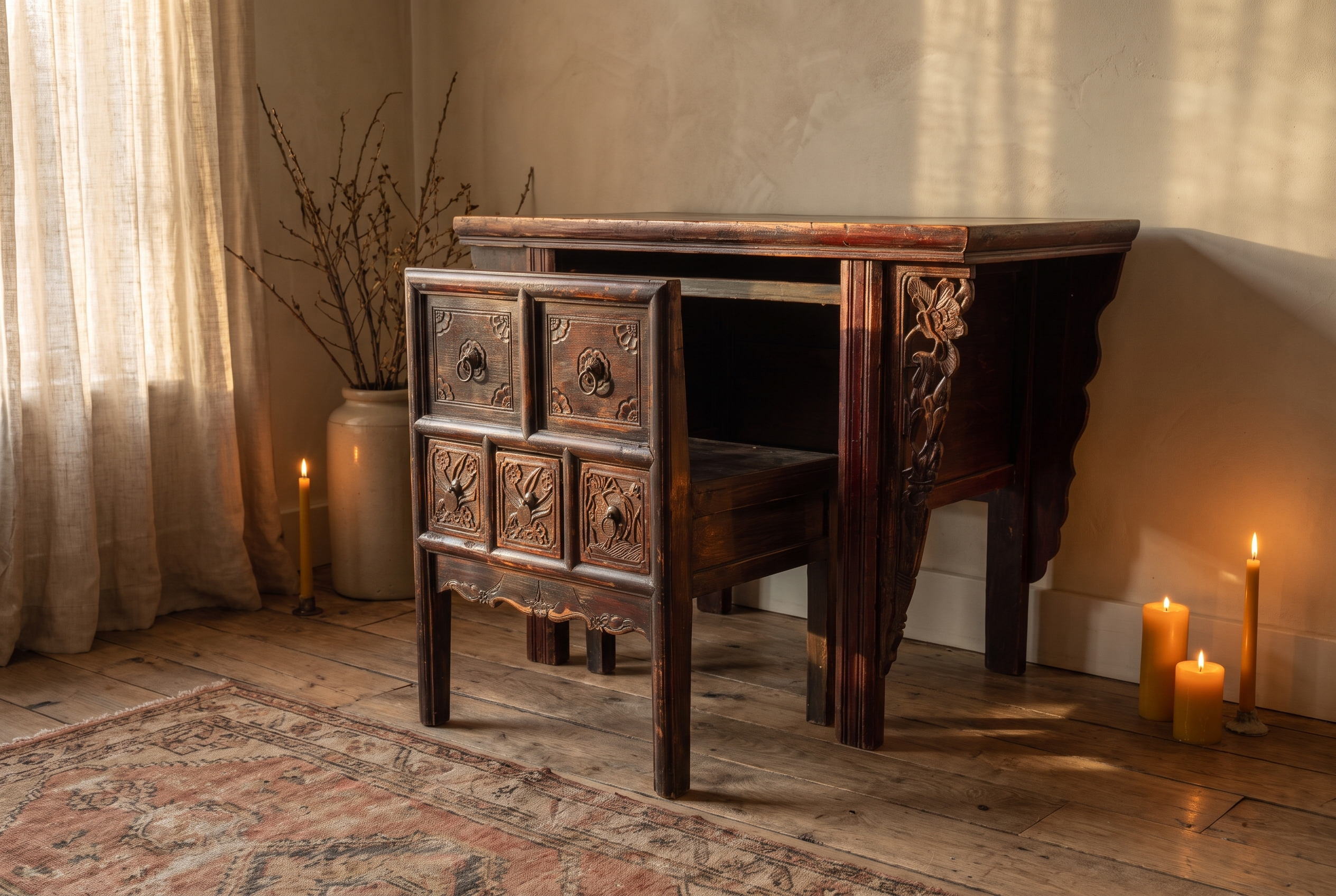 The carved chair pulled out from beneath the console table