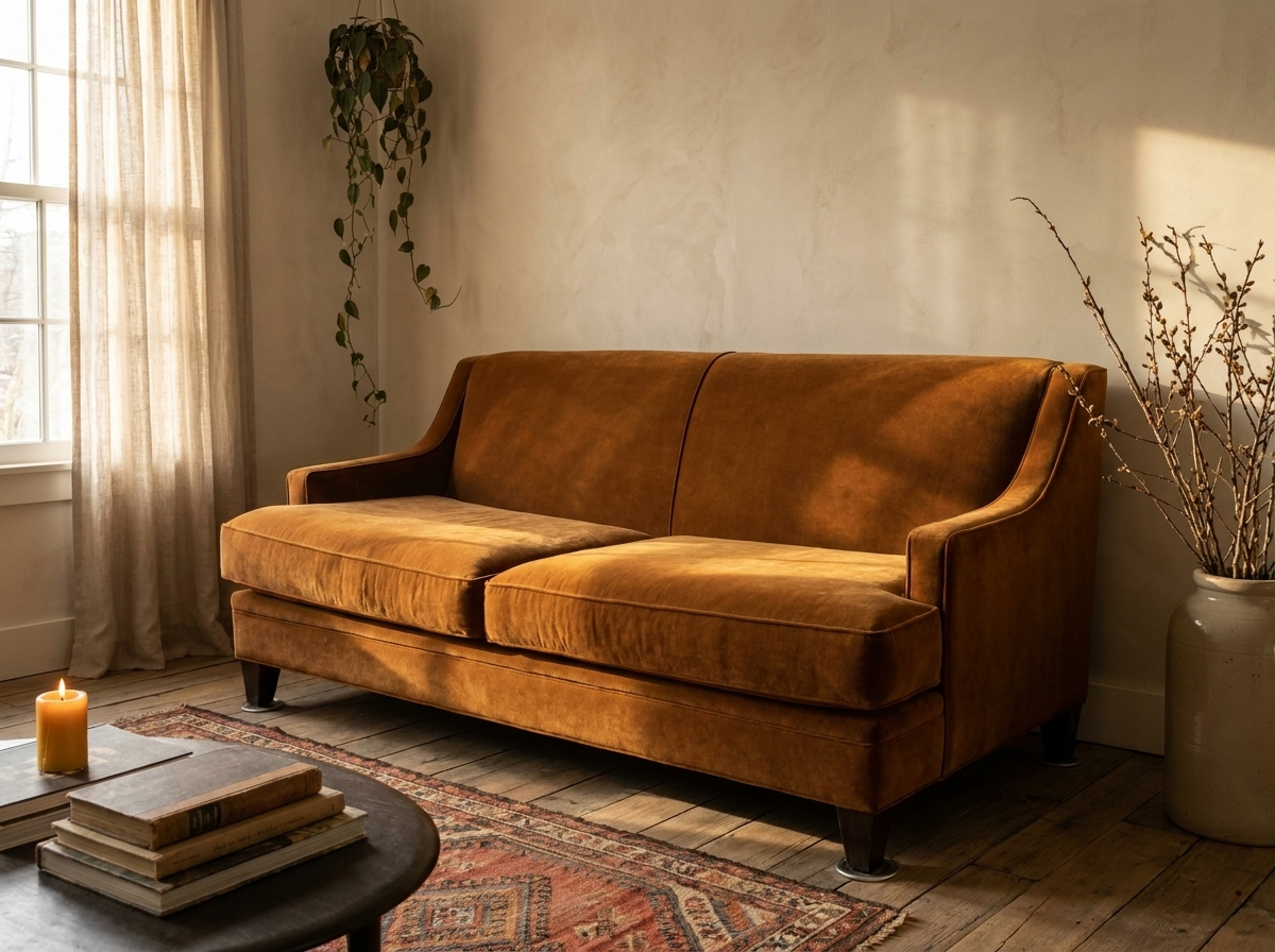 Cognac velvet mid-century sofa, three-quarter view showing tapered steel-capped legs