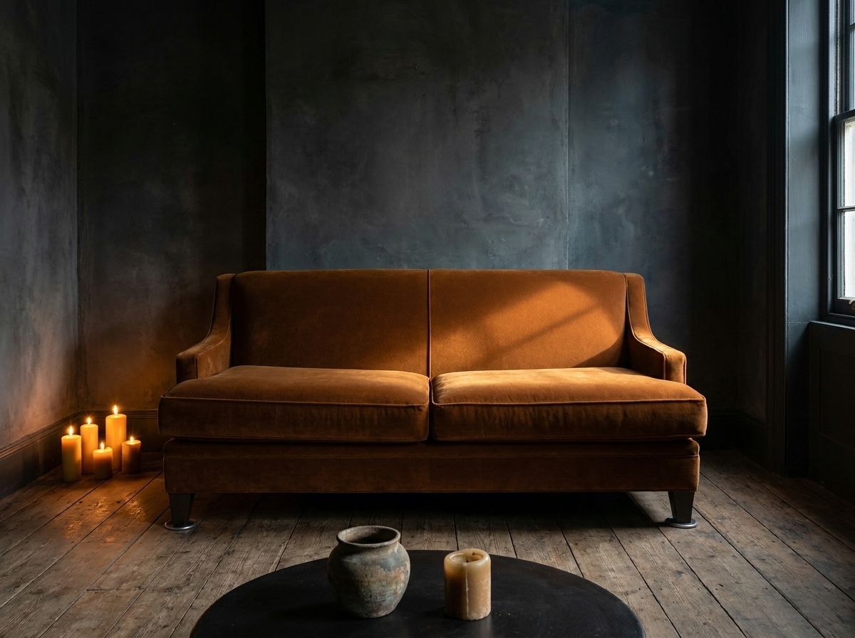 Cognac velvet sofa centered against smoke-stained dark plaster walls with candles
