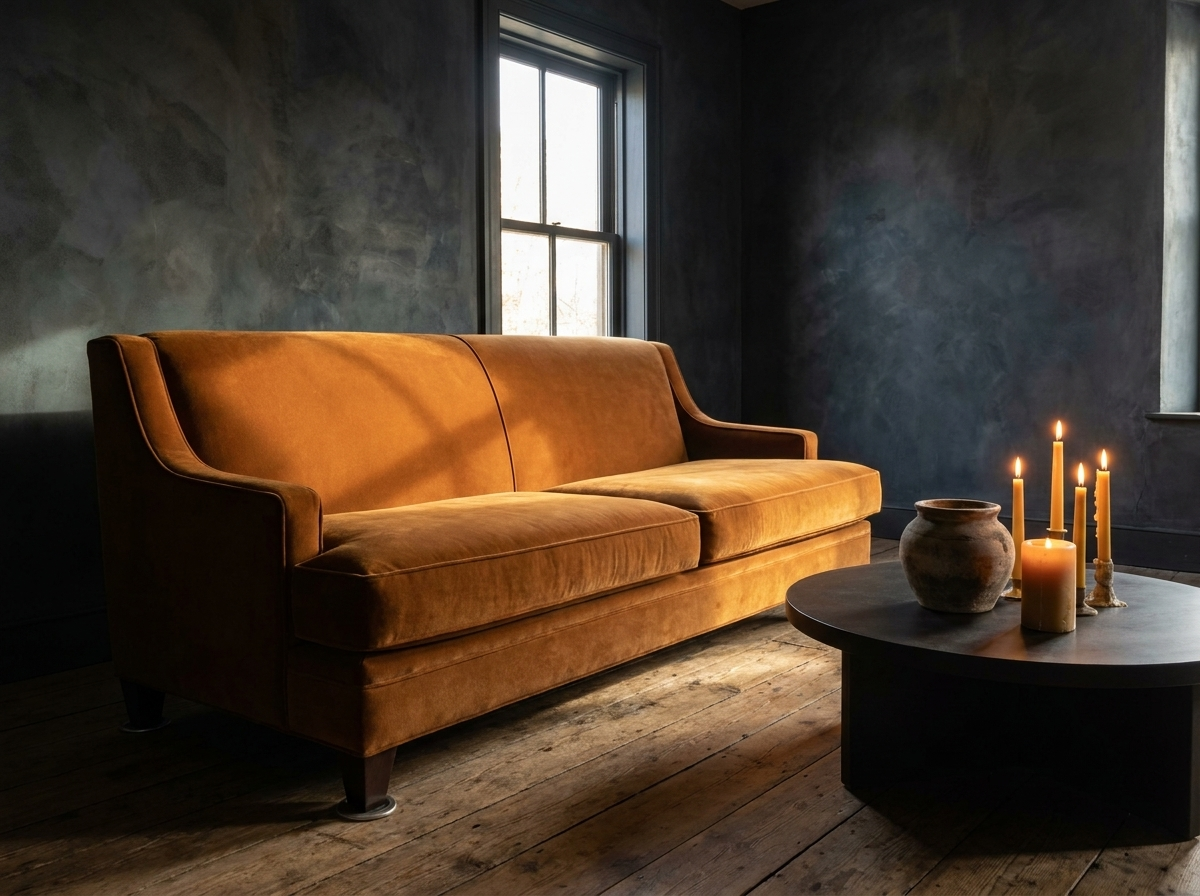 Cognac velvet sofa in a dark plaster room under a tall window, candlelit