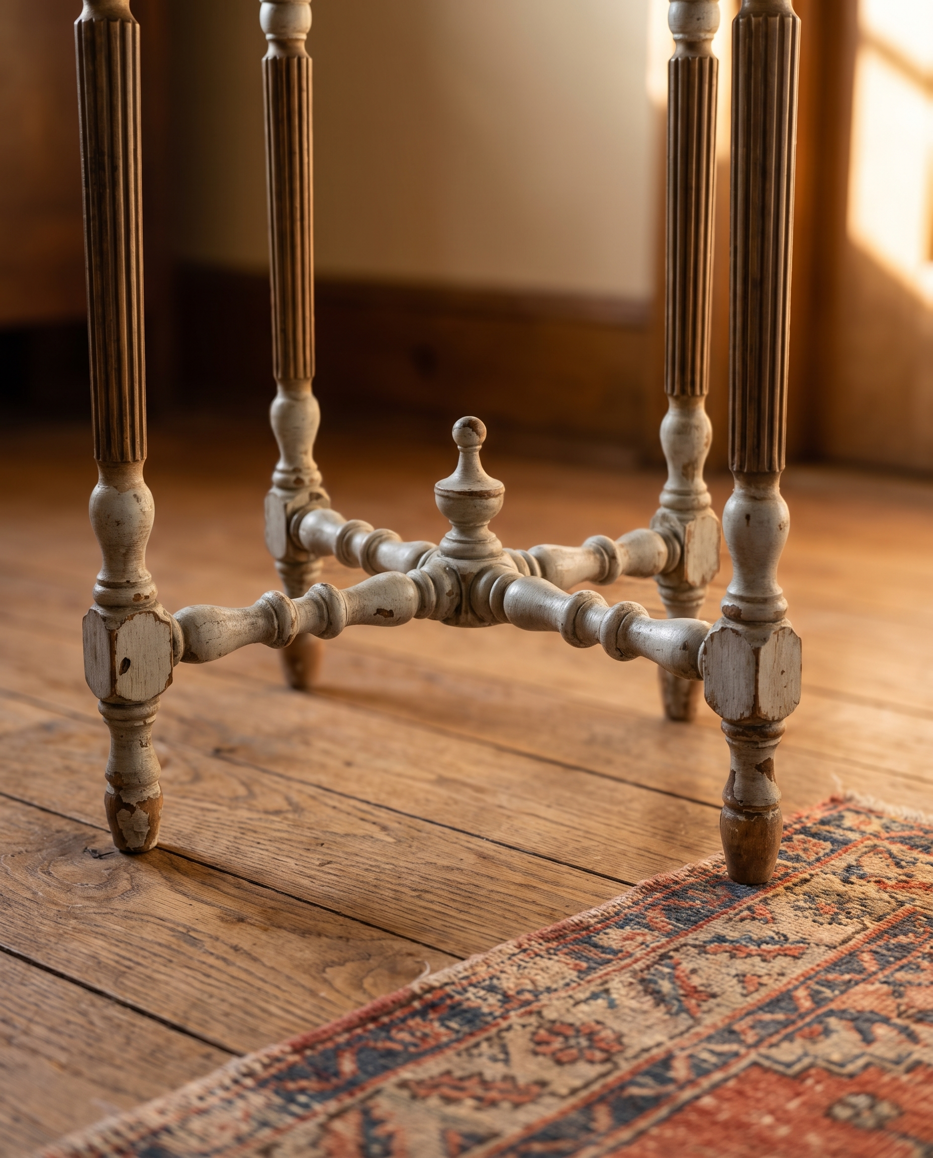 Base detail: fluted legs, X-stretcher with central finial, turned feet
