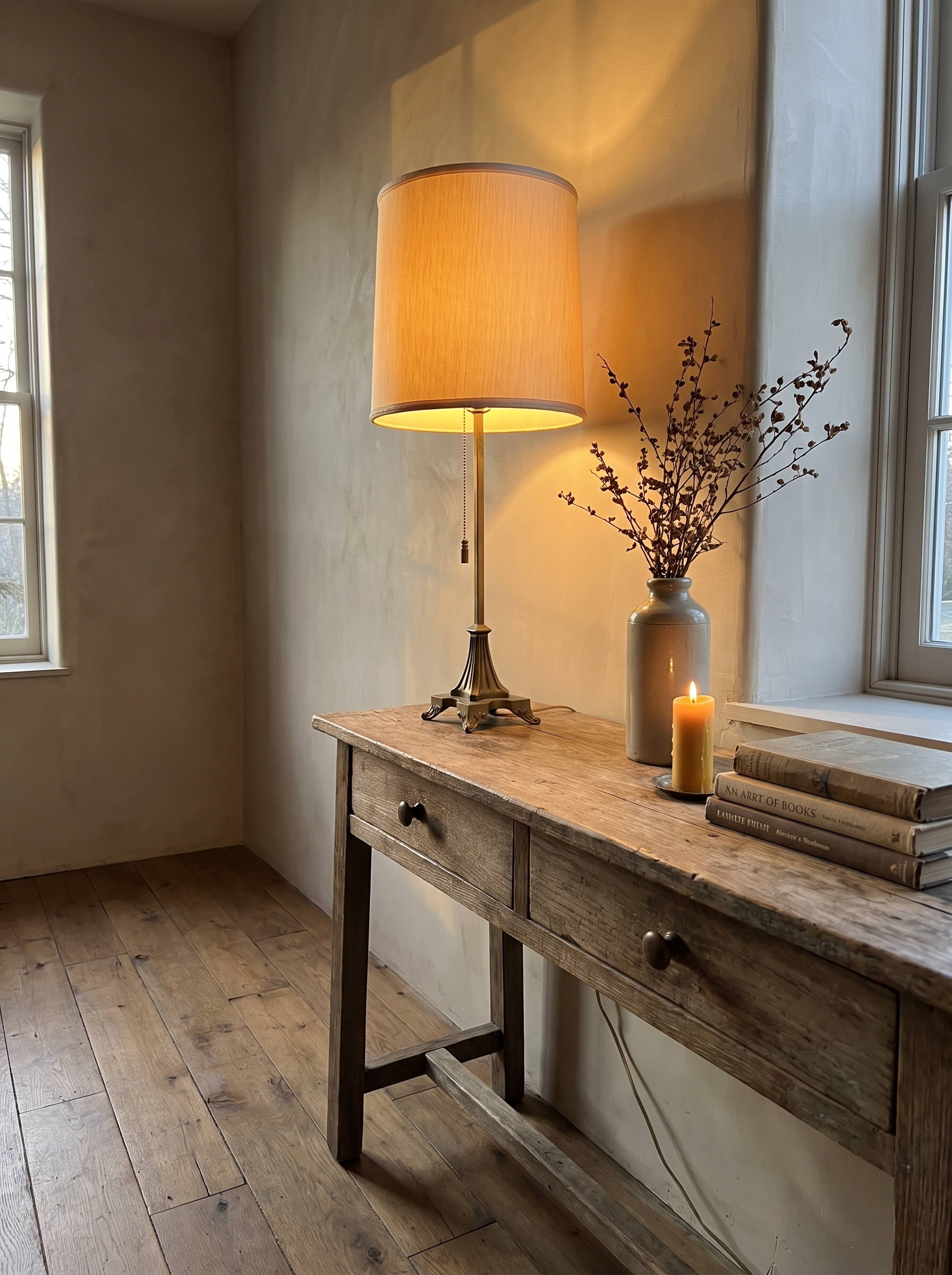 Antique brass table lamp in warm window light on a console