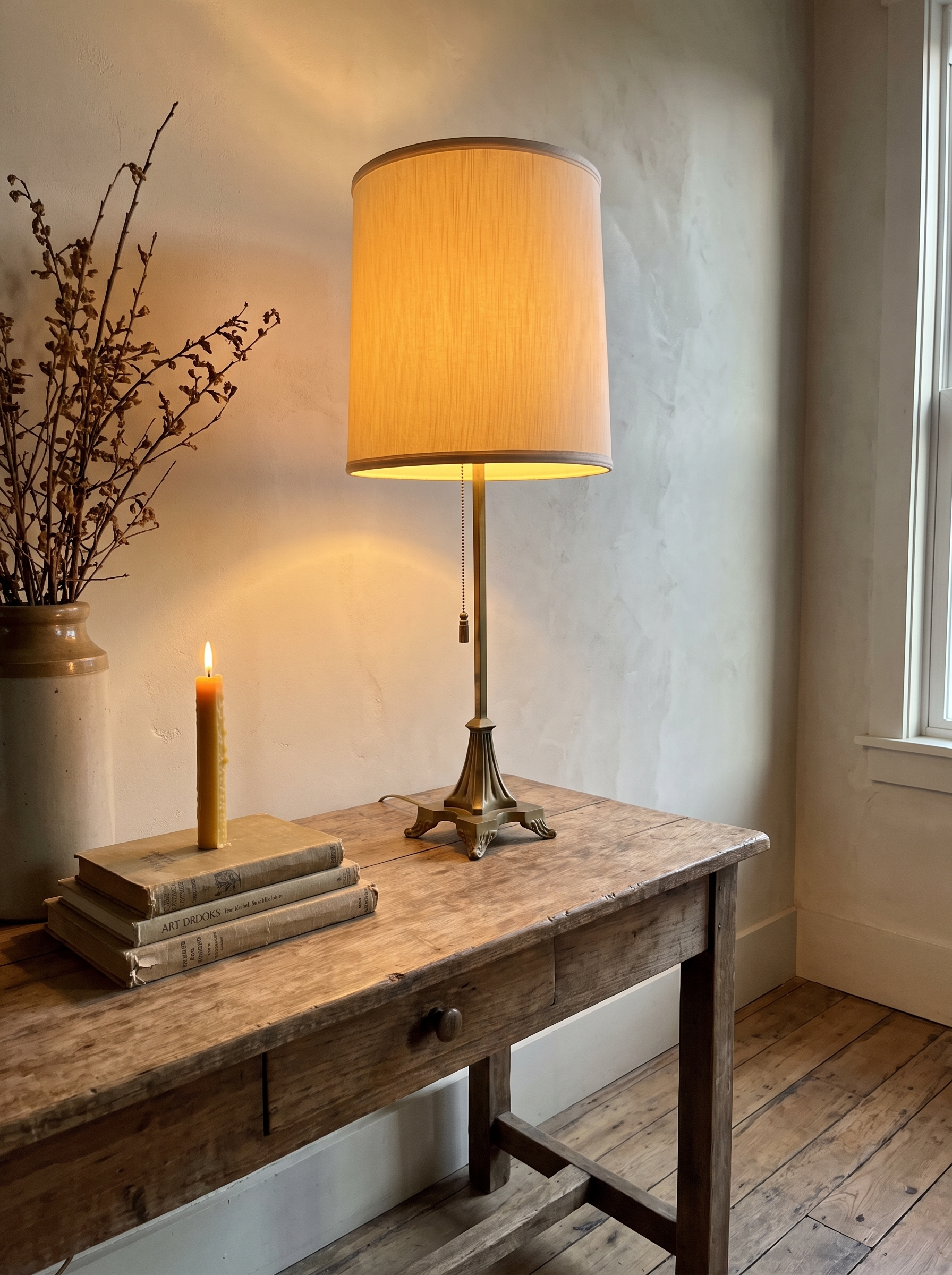 Antique brass table lamp lit and glowing on a rustic console
