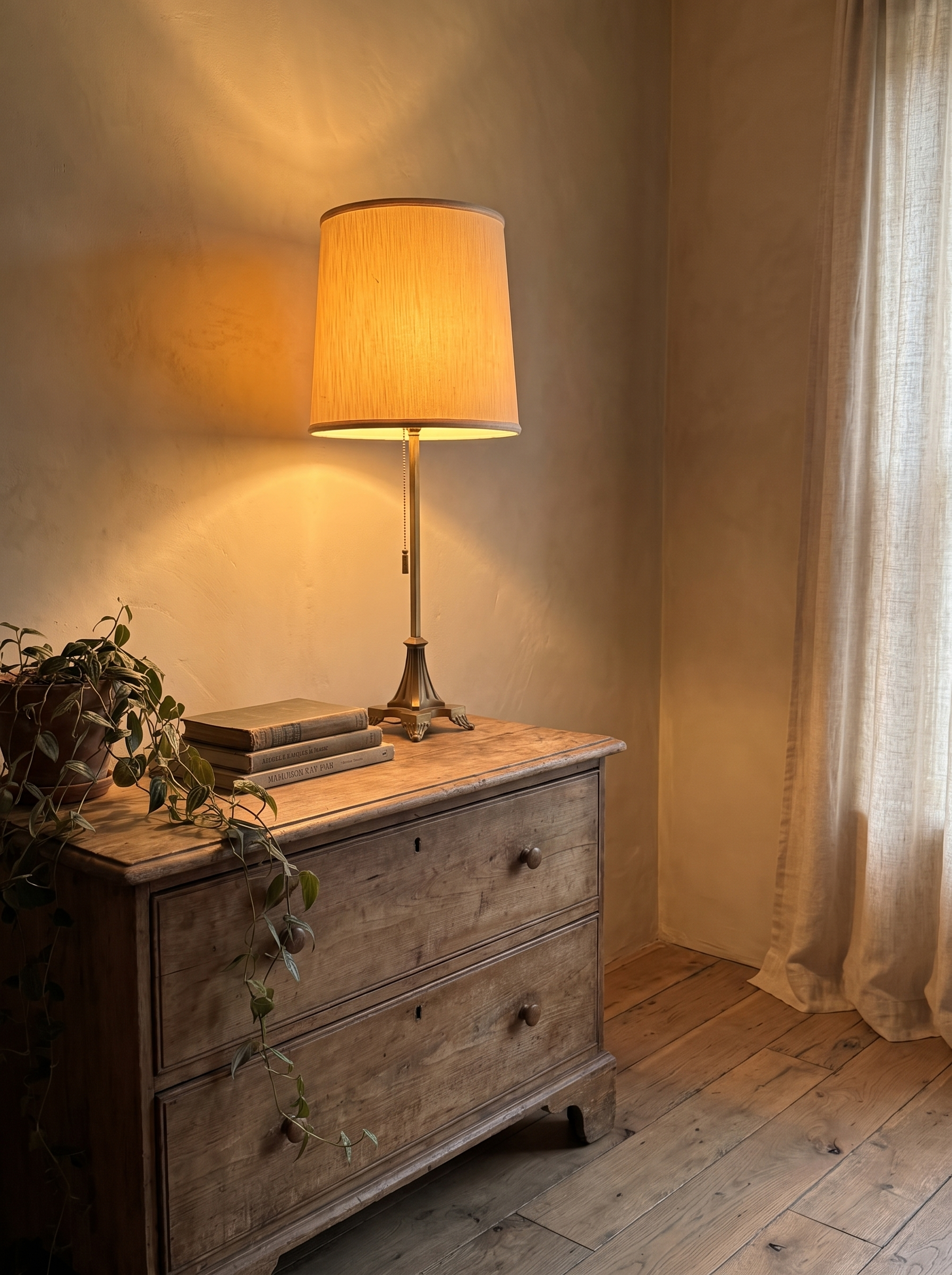 Antique brass table lamp three-quarter view on a weathered chest