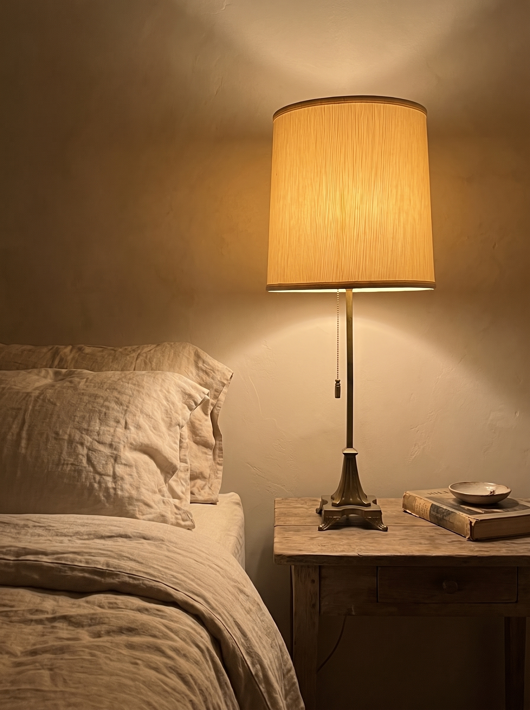 Antique brass table lamp lit at the bedside beside linen bedding