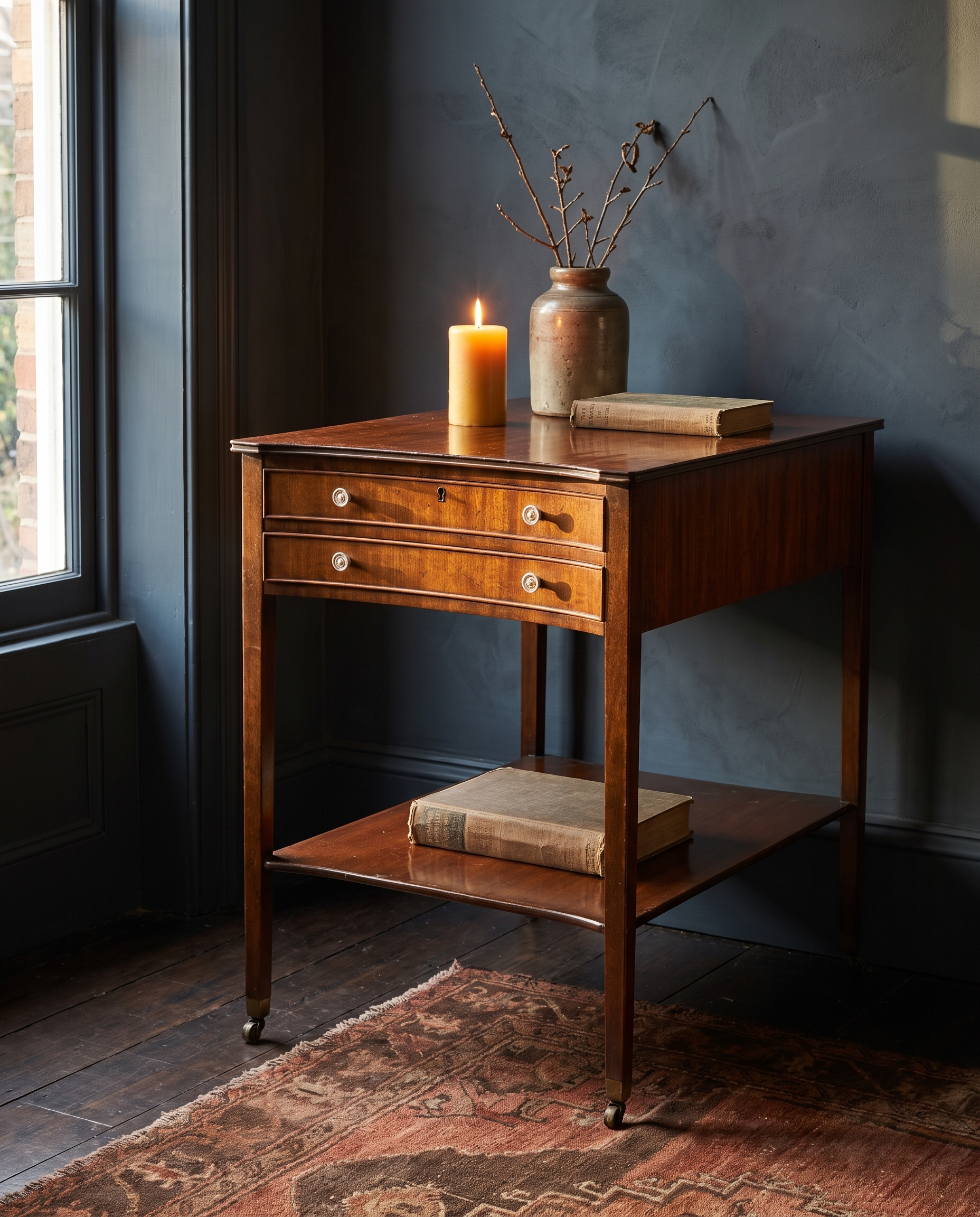 Antique mahogany side table, three-quarter view in warm window light