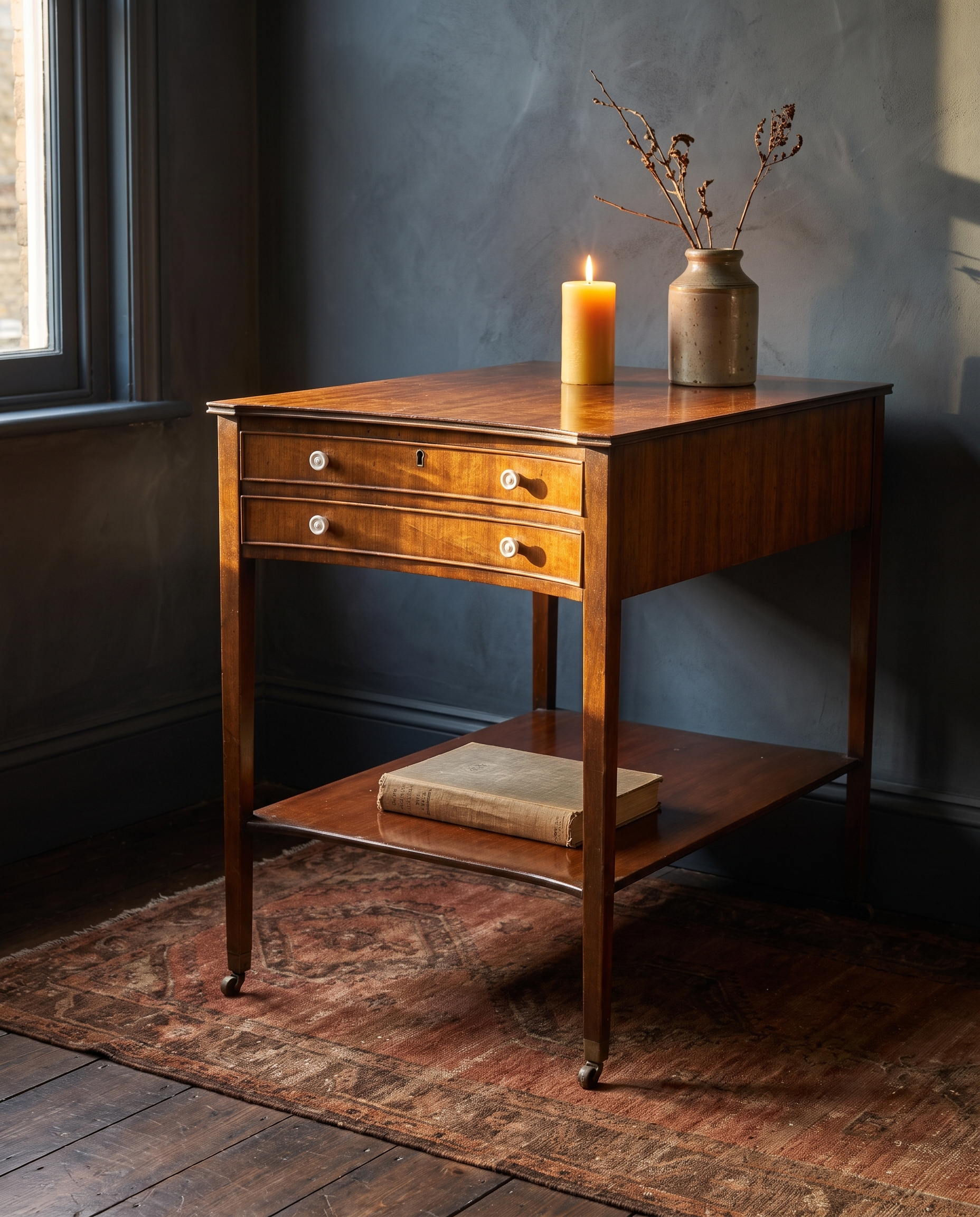 Antique mahogany bow-front two-drawer side table, candlelit hero
