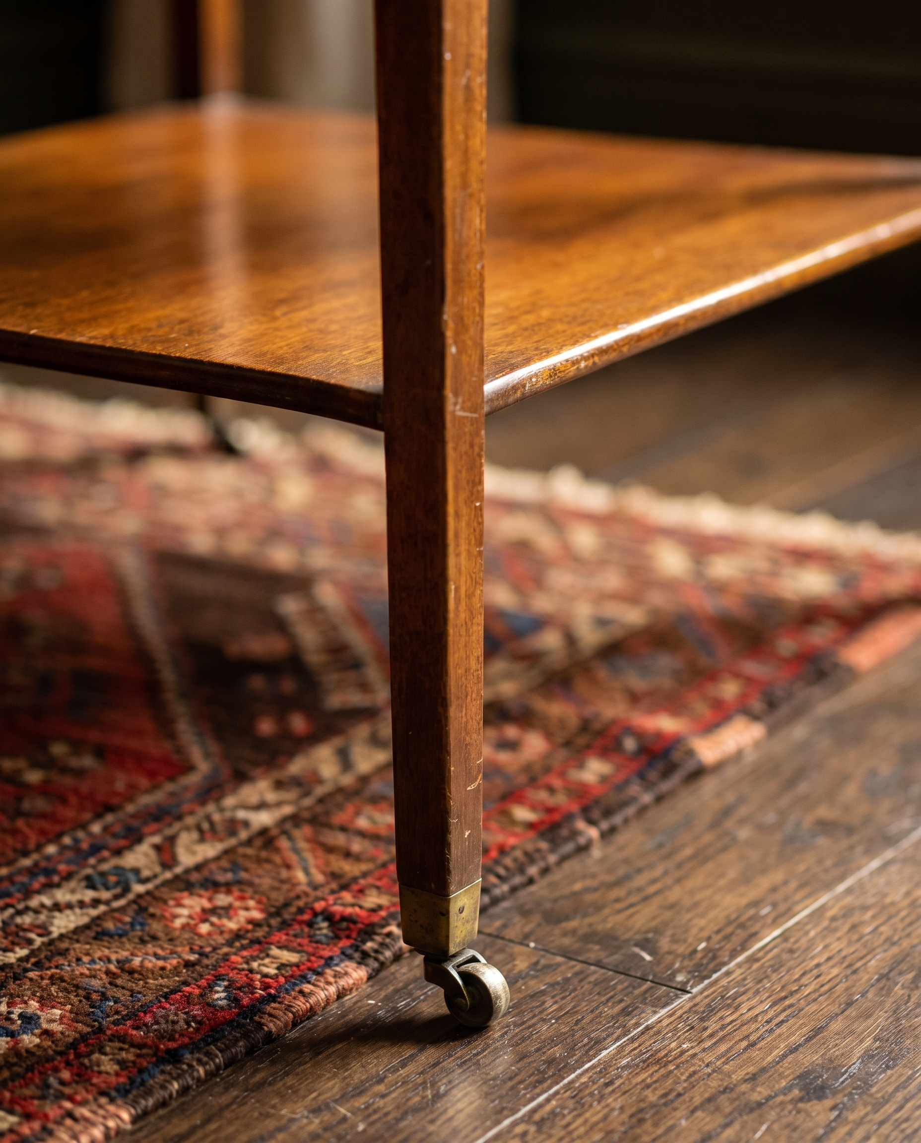 Detail of tapered mahogany leg with brass cap and caster