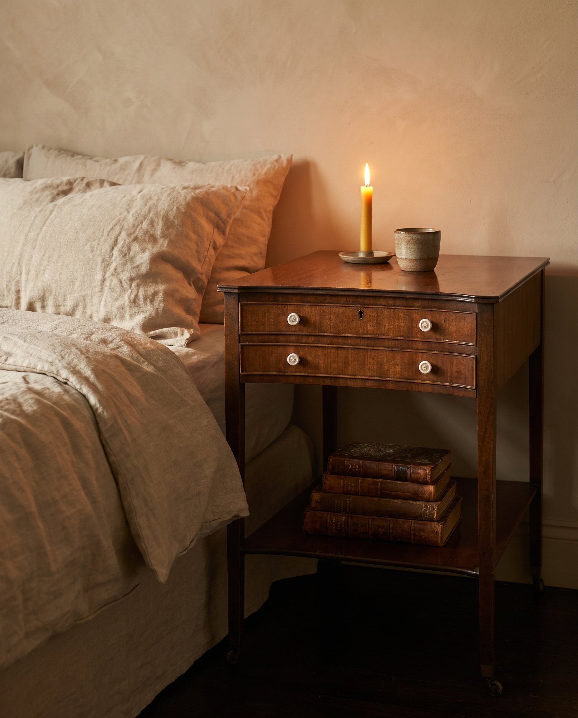 Antique mahogany side table styled as a candlelit bedside table