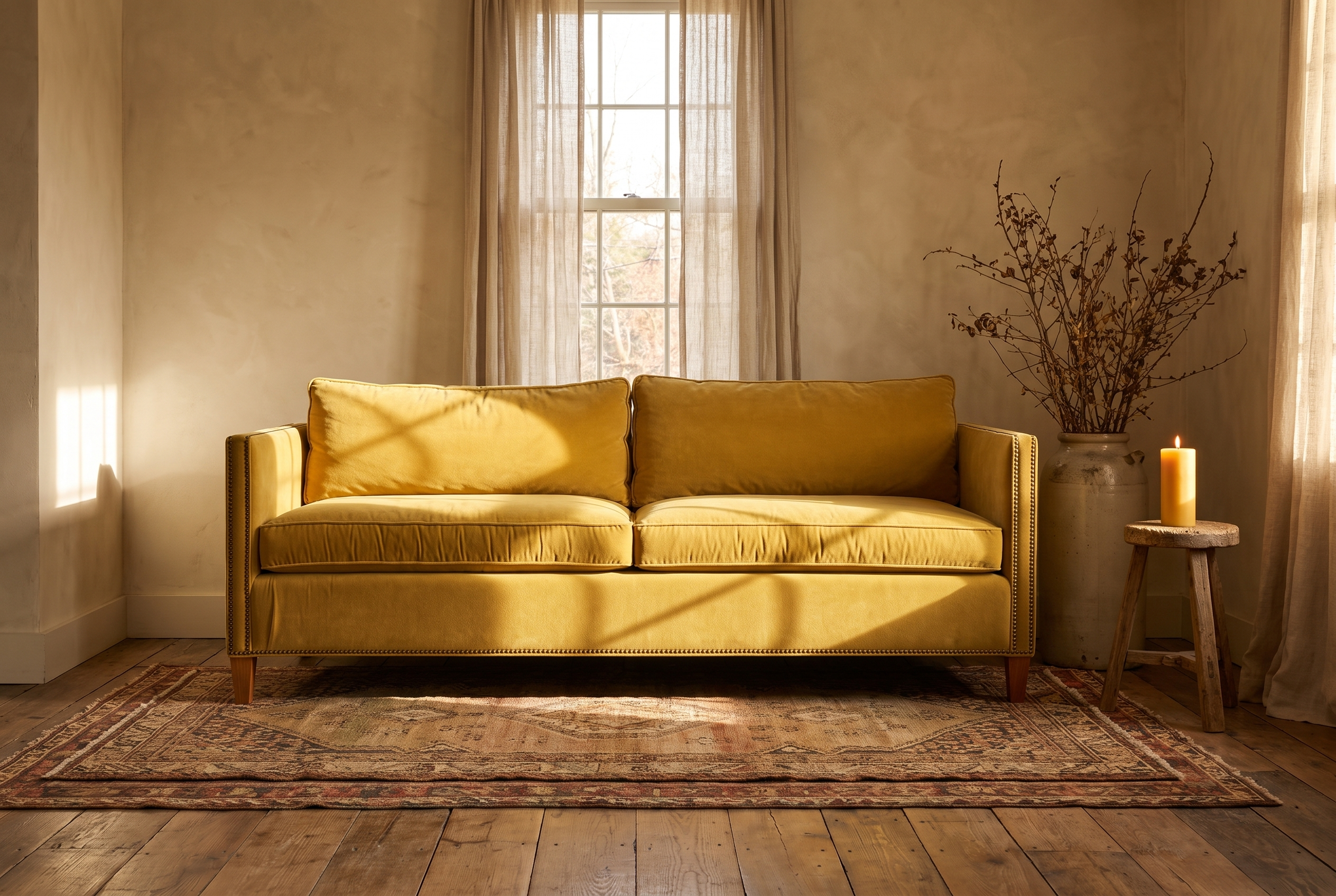 Mustard velvet mid-century sofa, front view in a warm plaster room