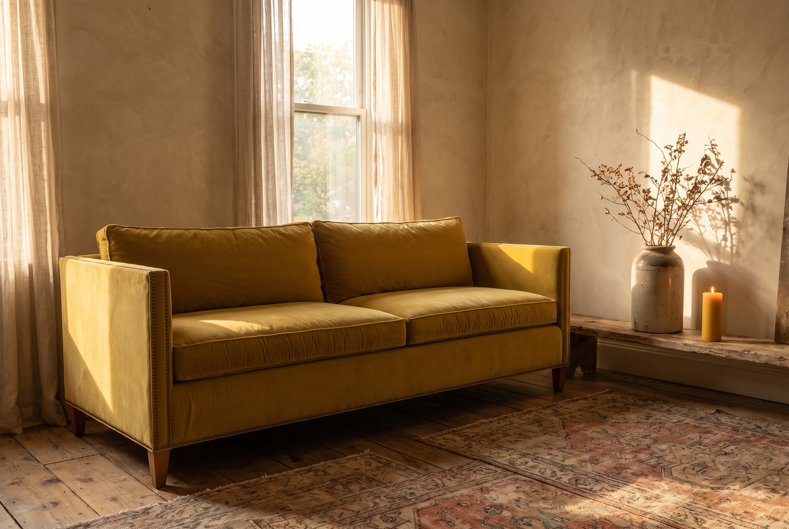 Mustard velvet sofa, three-quarter view from the left
