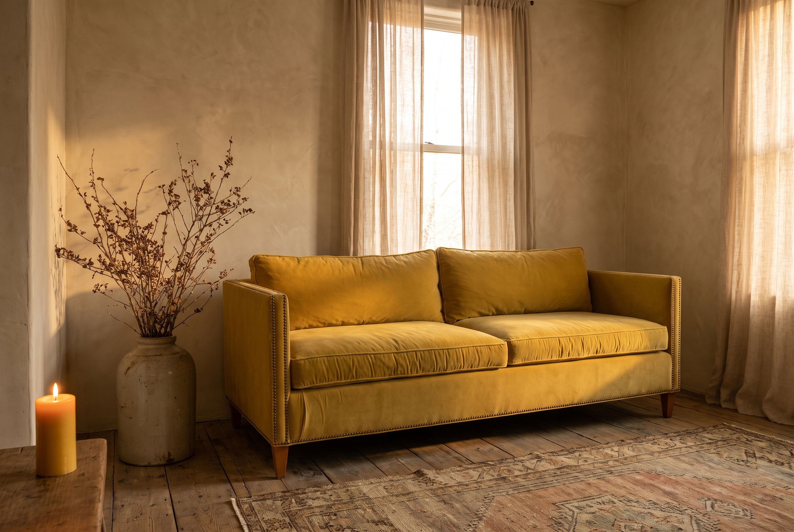 Mustard velvet sofa, three-quarter view from the right