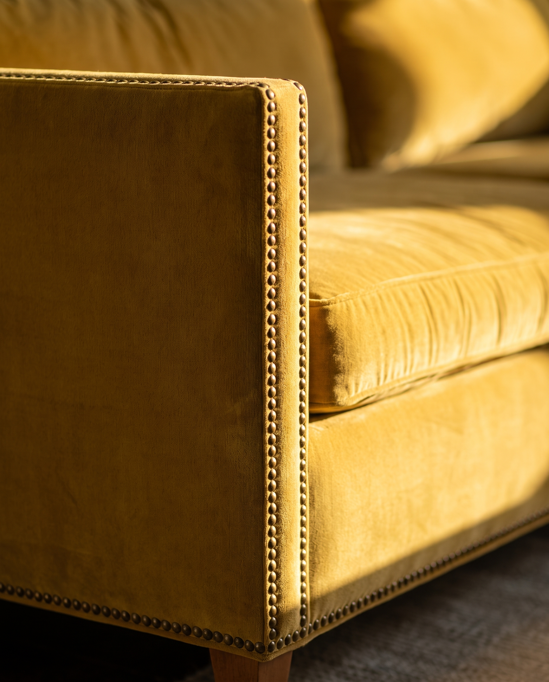 Detail of the brass nailhead trim on the track arm