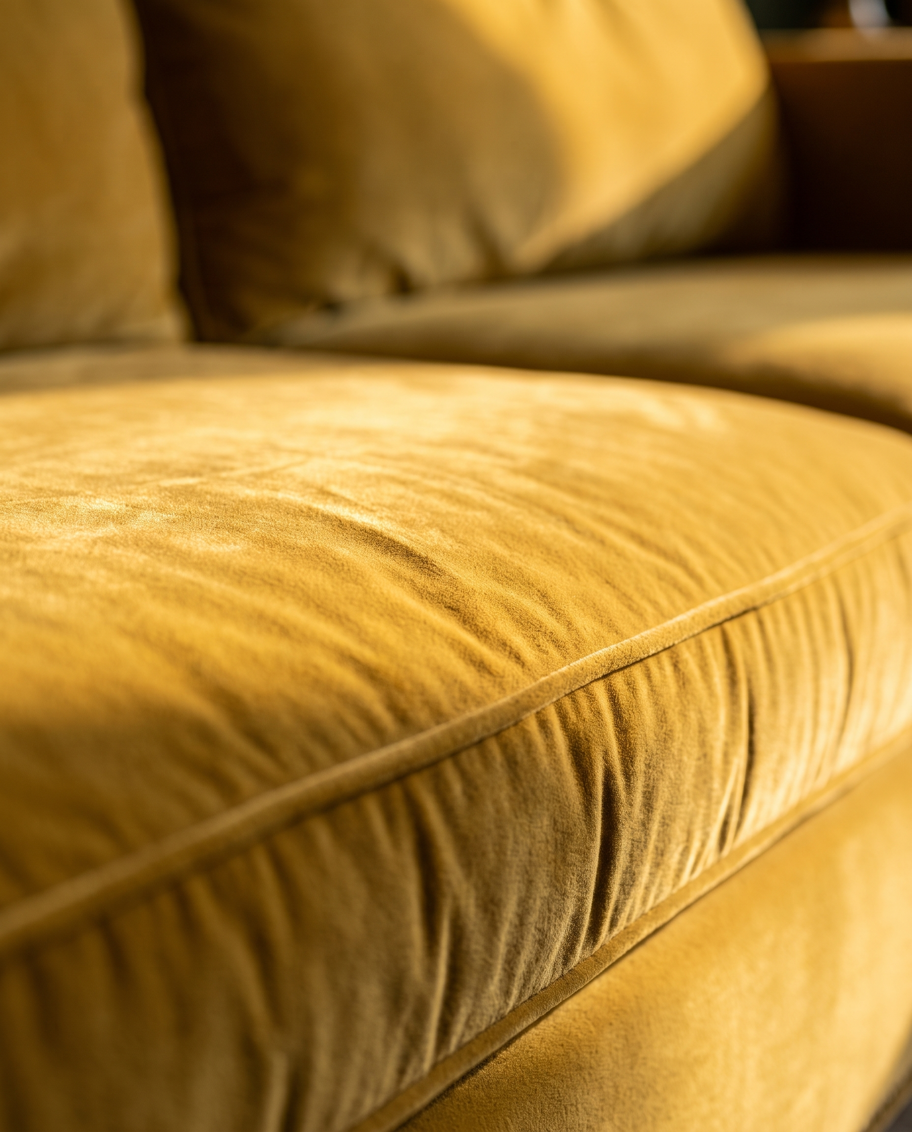 Macro of the mustard velvet nap and piped cushion seam