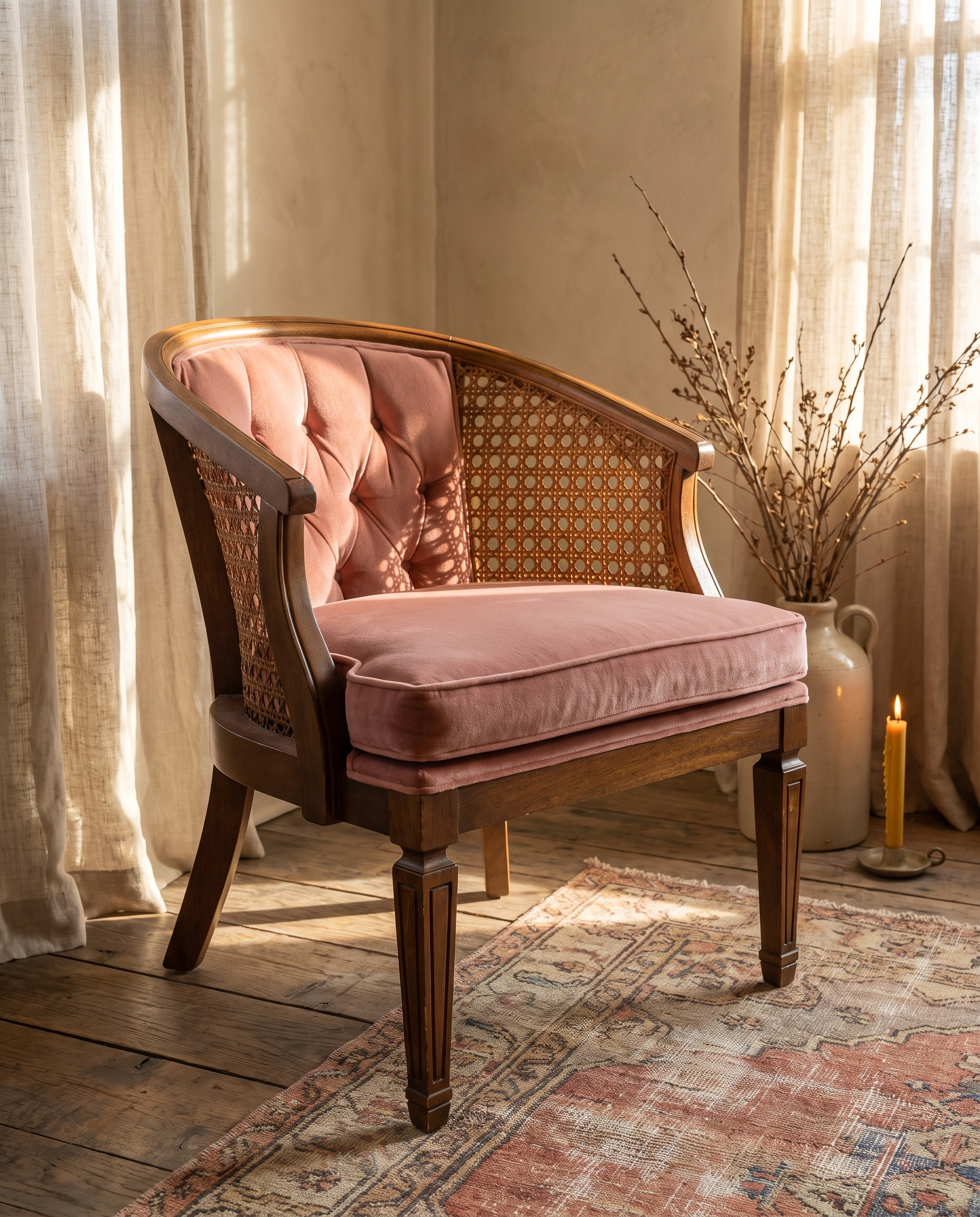 Dusty rose velvet cane barrel chair, three-quarter front view