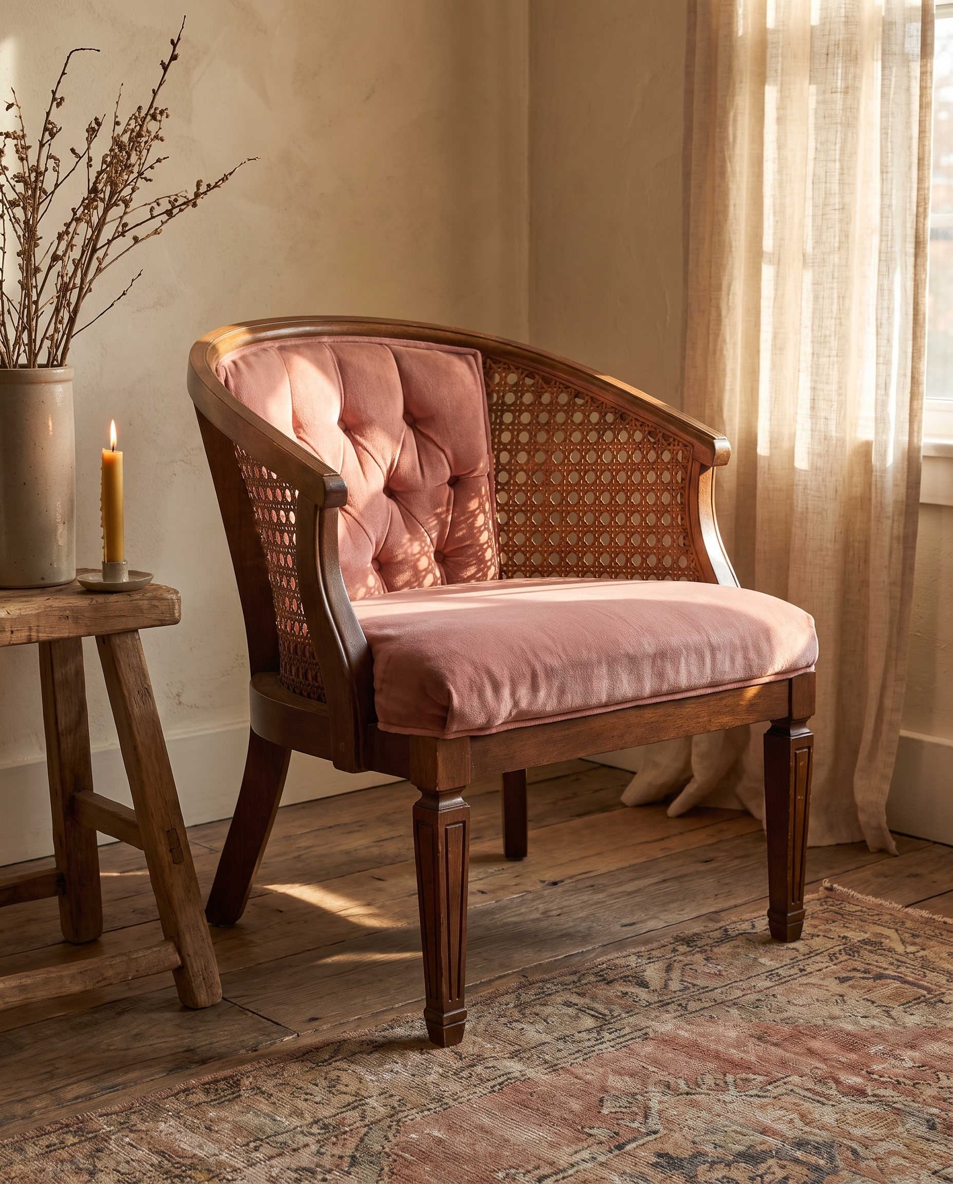 Dusty rose velvet cane barrel chair beside a rustic side table and candle