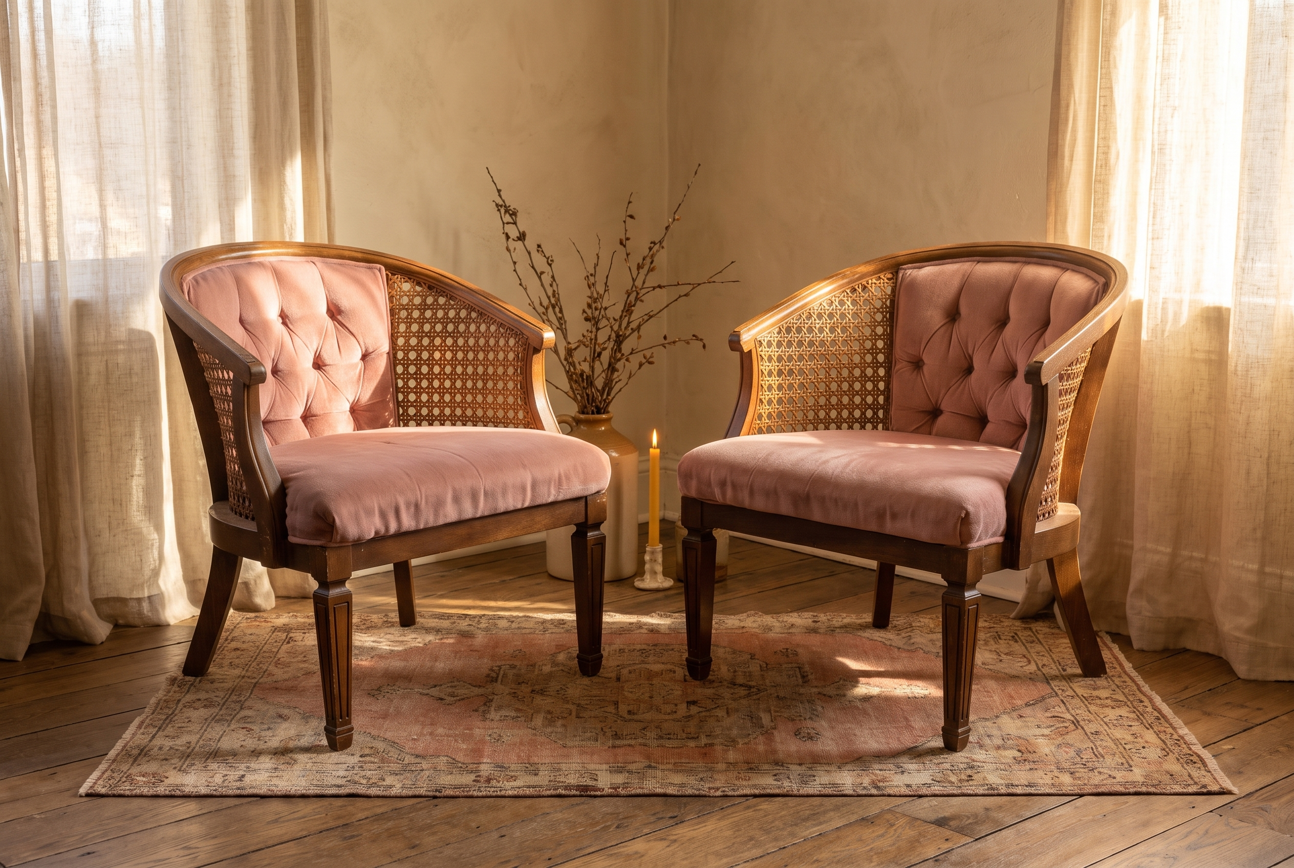 Matched pair of dusty rose velvet cane barrel chairs in an Organic Erotic room