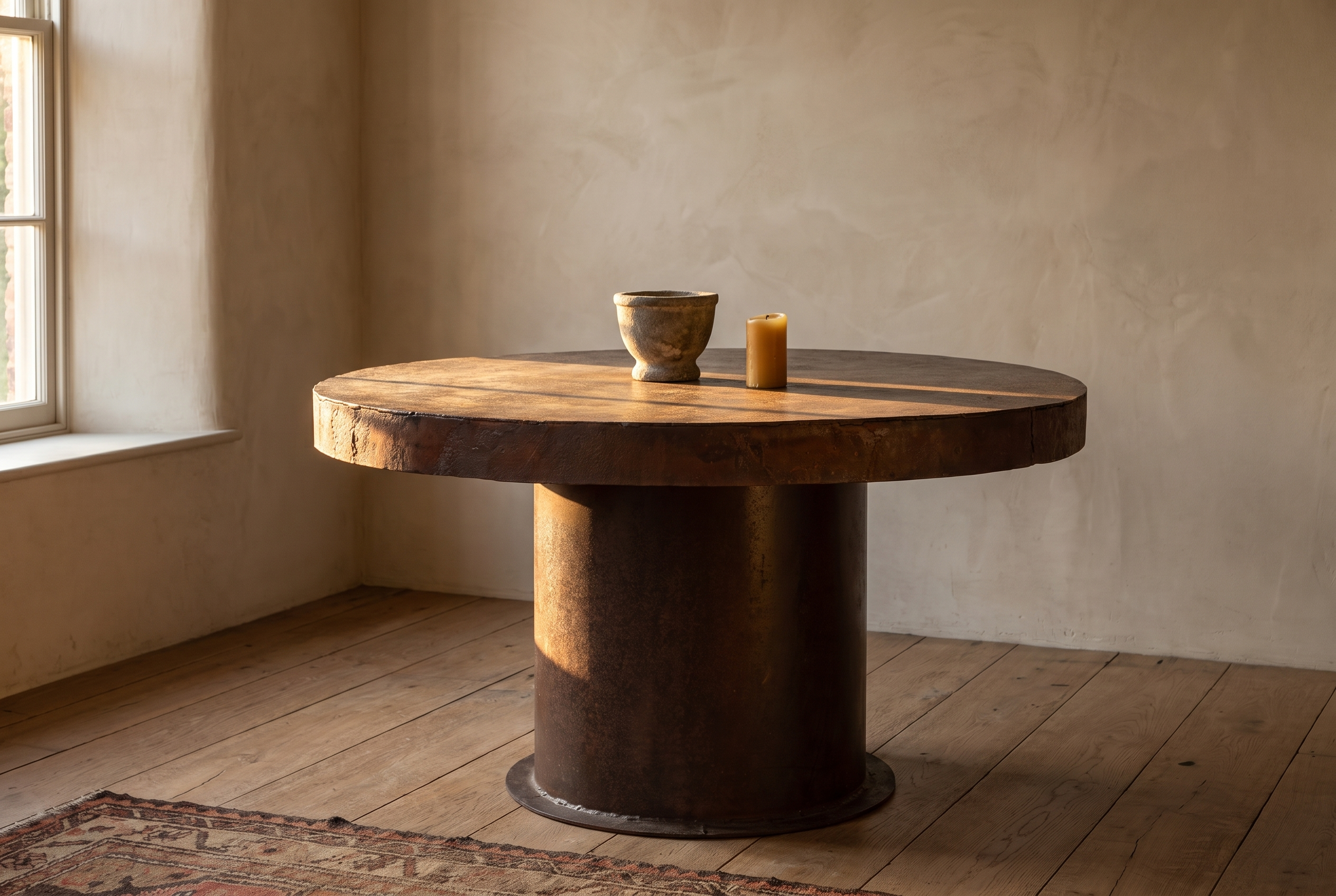 Boiler Table, round reclaimed cast iron table in a warm plaster room