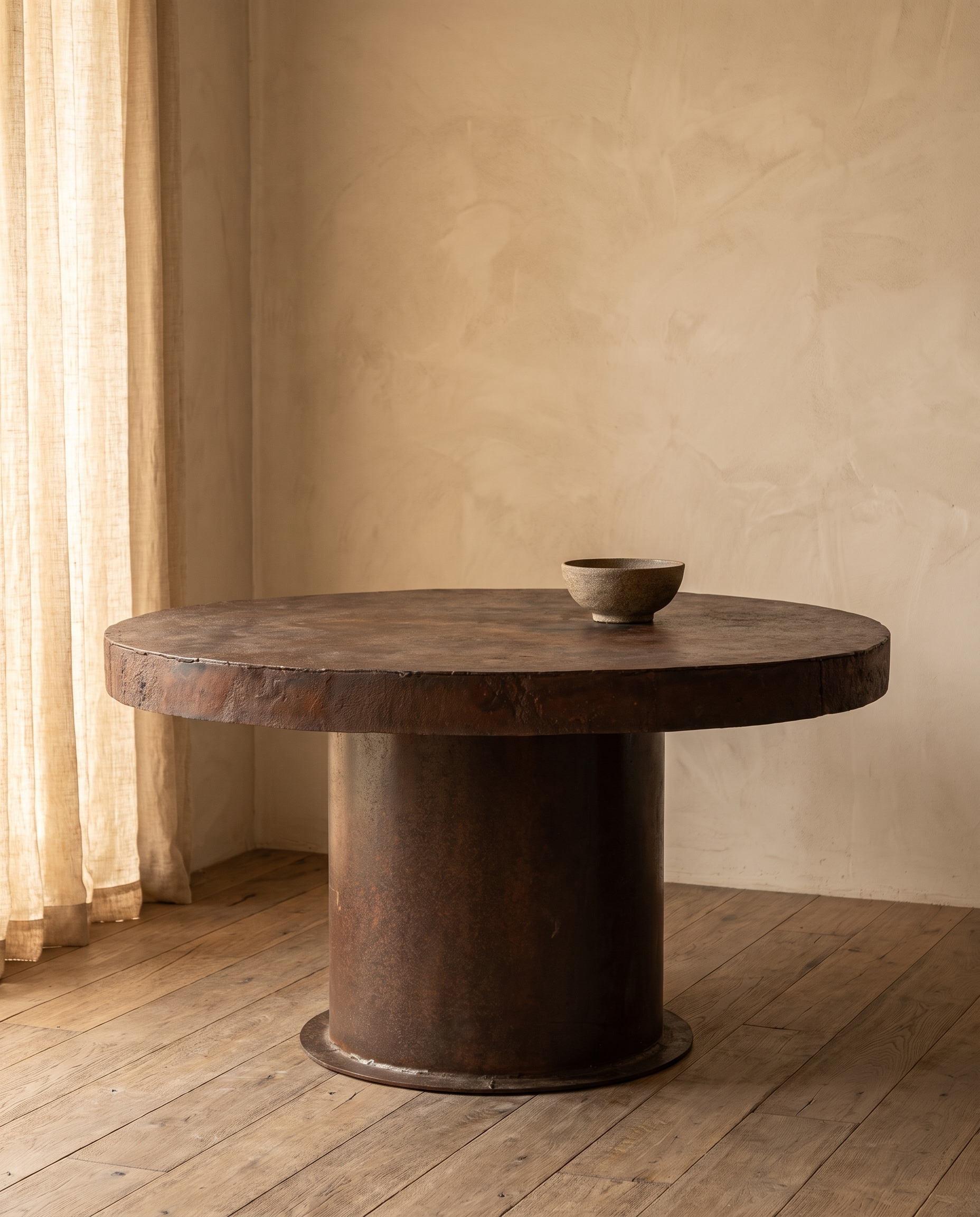 Boiler Table three-quarter view with linen curtain