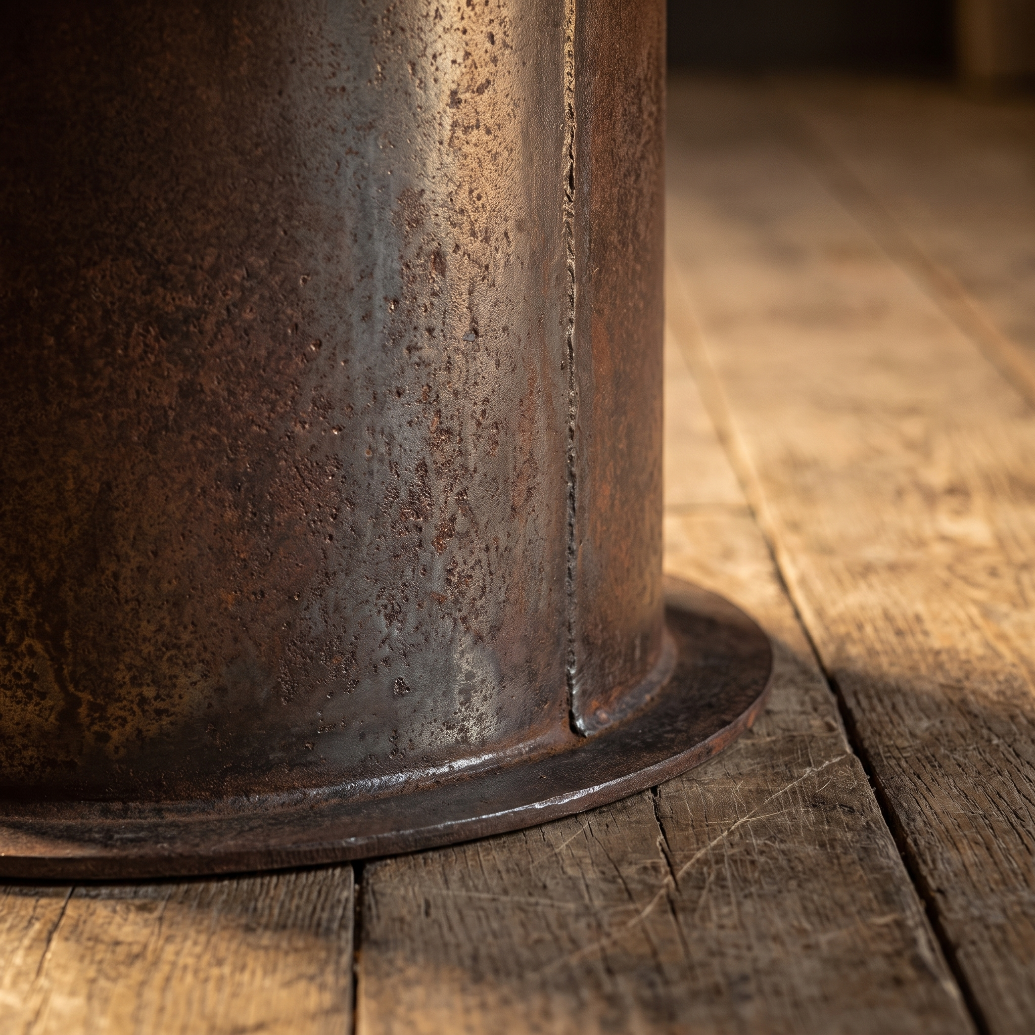 Boiler Table cylindrical drum base detail on oak floor