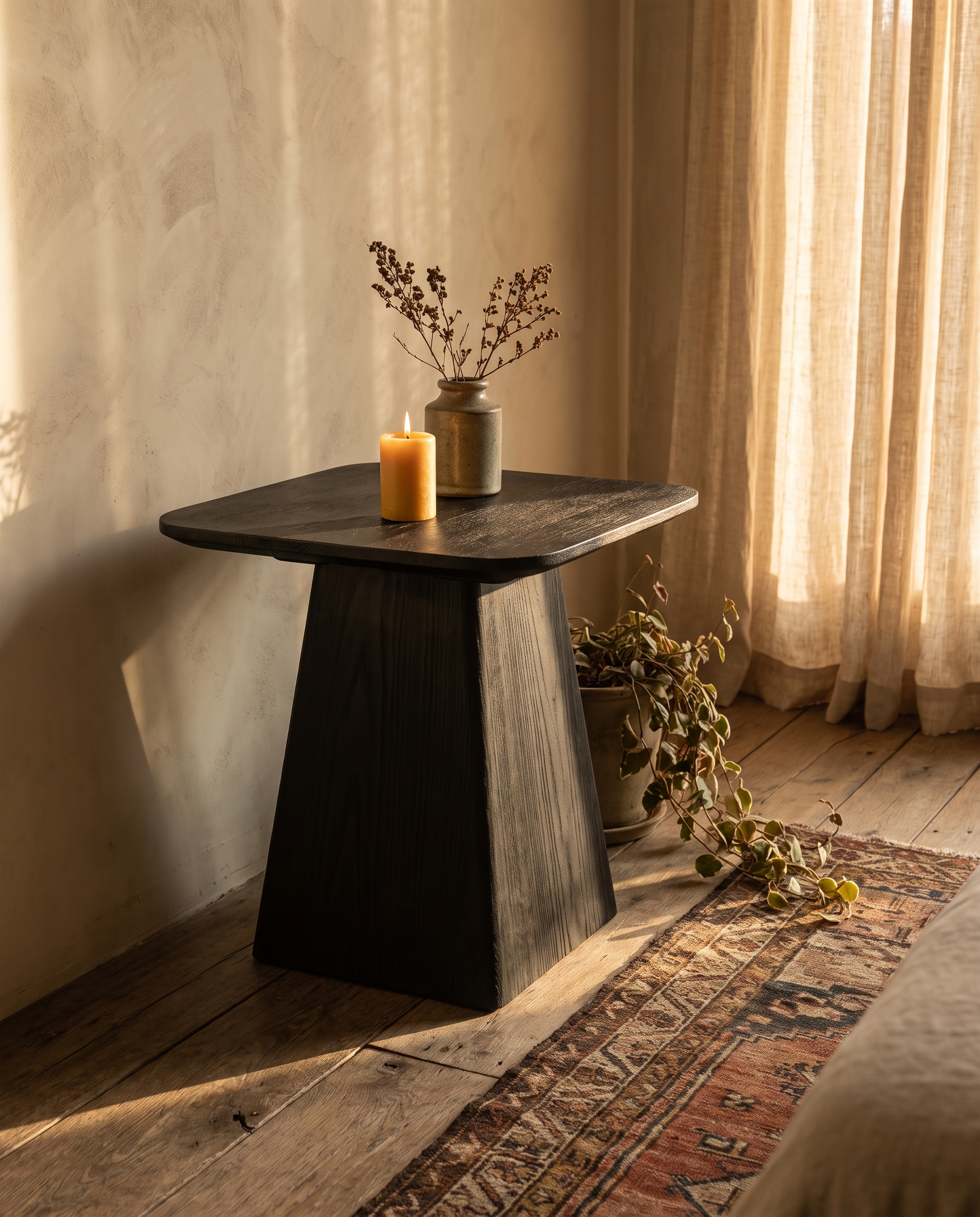 Ember Side Table, charred black Shou Sugi Ban wood, styled with candle and vessel in a warm plaster room