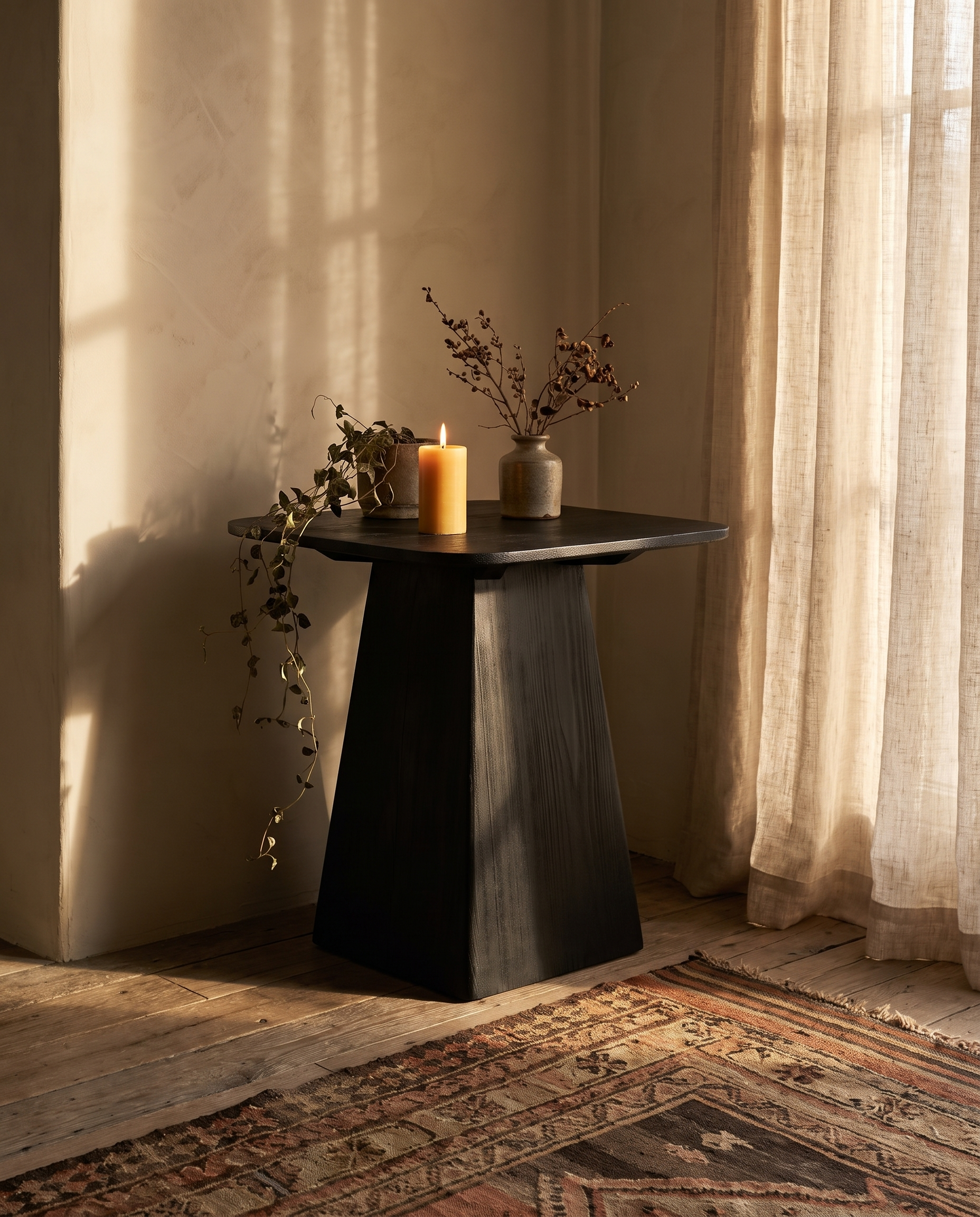 Ember Side Table beside a linen curtain in warm afternoon light