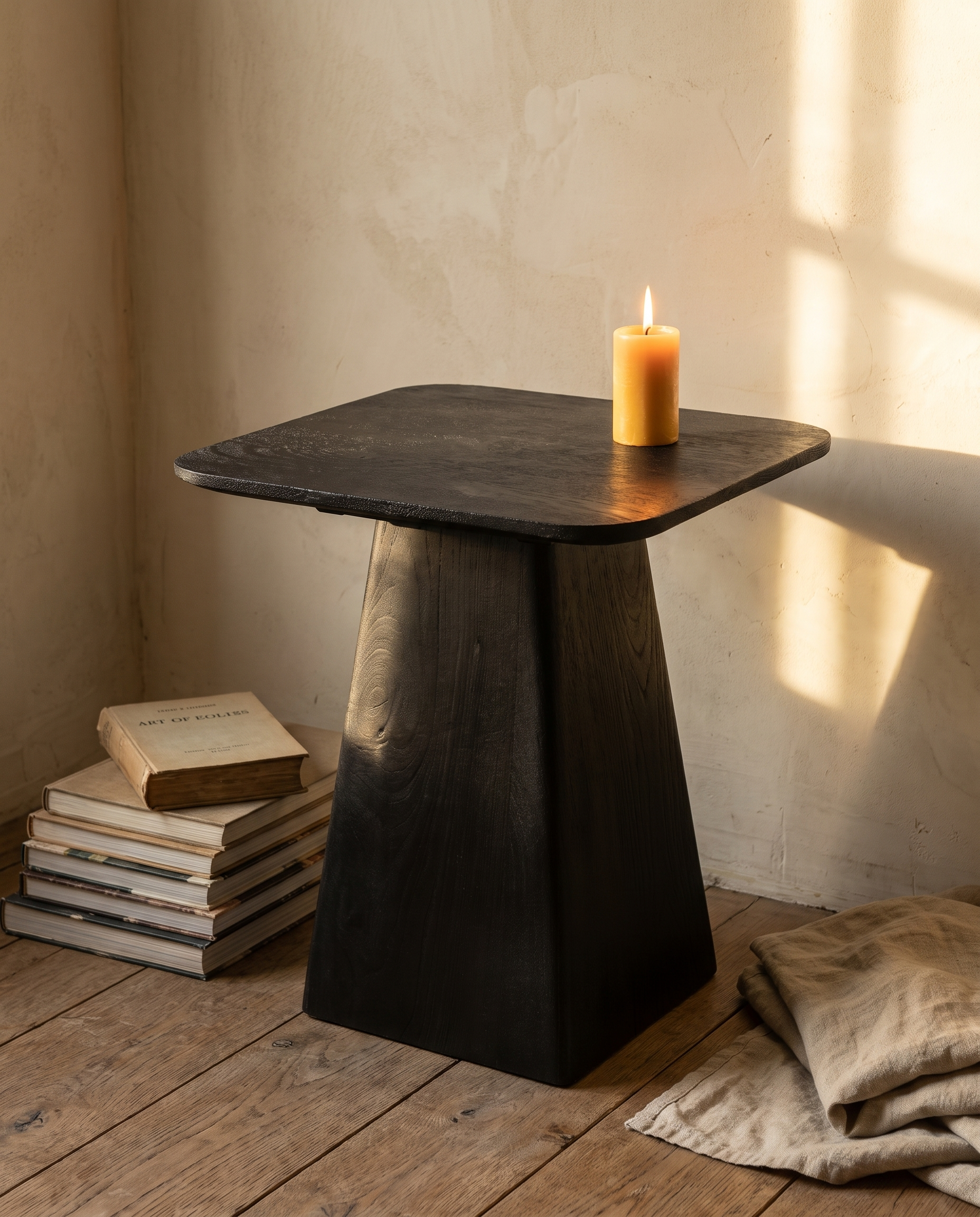 Ember Side Table three-quarter view showing the tapered pedestal base