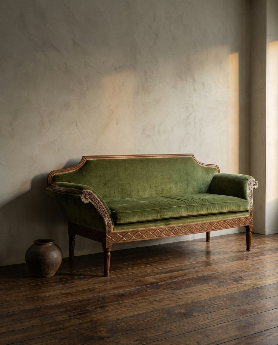 Vintage carved-frame green velvet sofa against lime-washed plaster wall in amber light