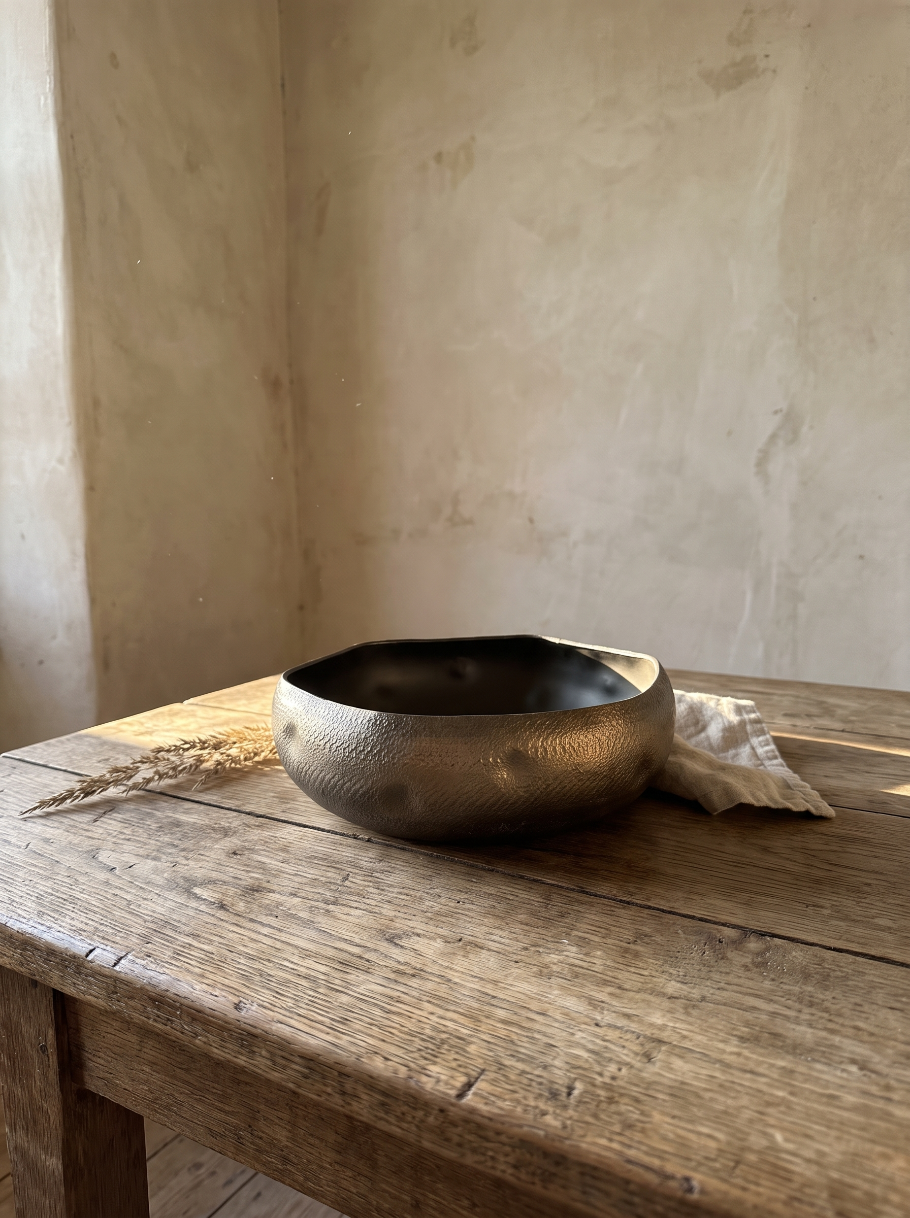 Dimpled metal bowl on an aged oak table in a warm plaster room corner